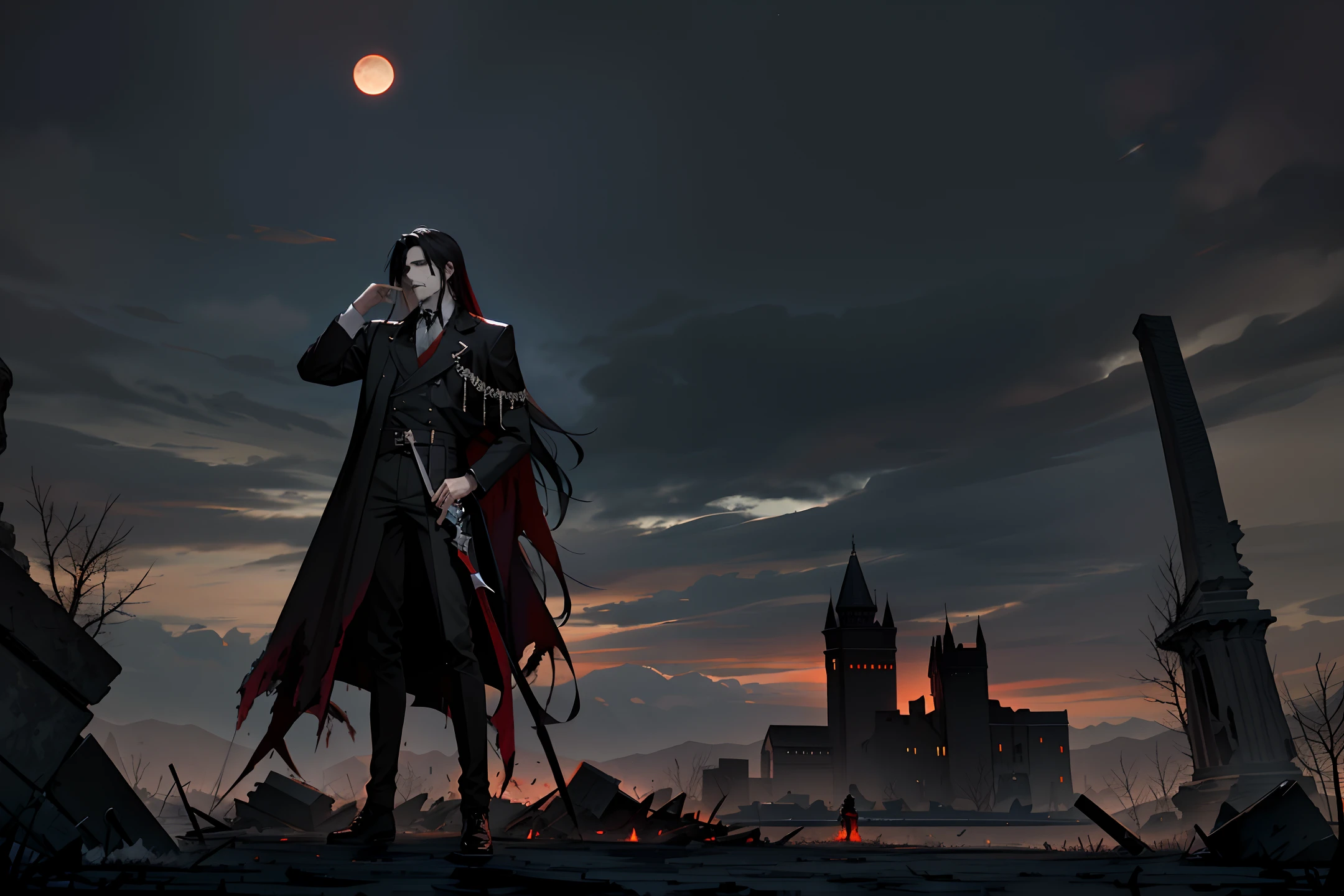 &quot;A lone vampire man, adorned with blood and endowed with an ethereal aura, gazes at a bloody moon from the ruins of a desolate castle. A sense of decay and death hangs in the air, with scattered bodies alluding to the horrors that took place. Let your imagination conjure up this haunting image.&quot;