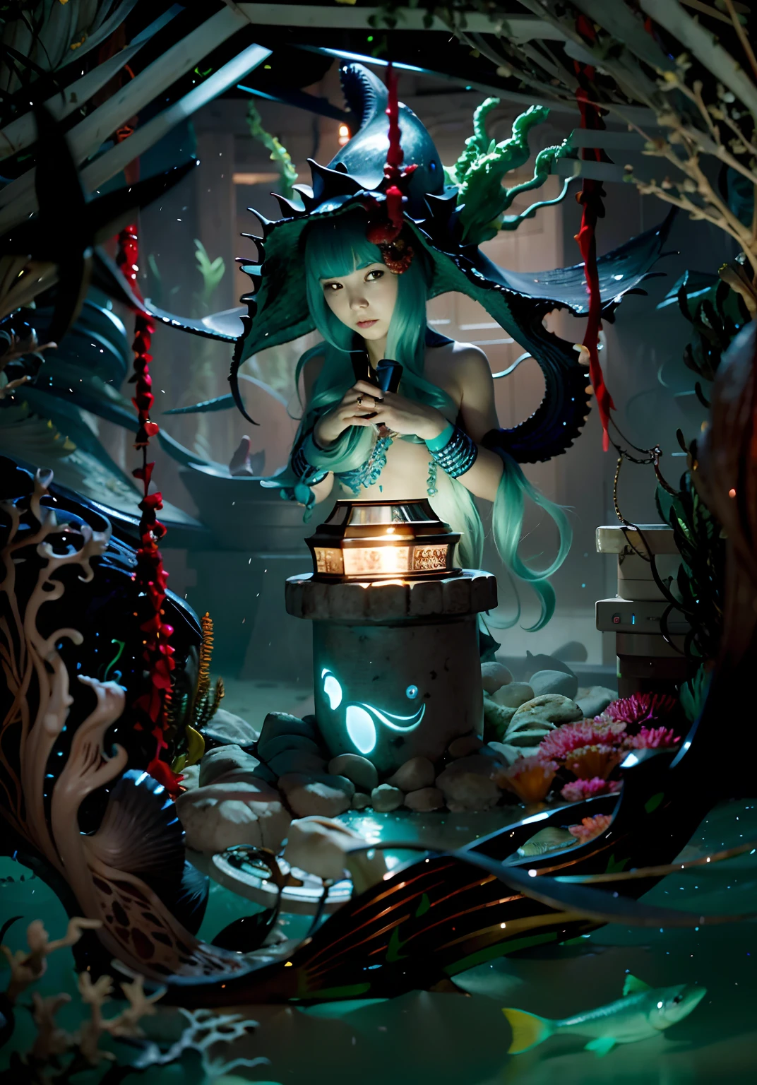 (Mermaid: 2) (Fish Scale: 1.8), (Film CGI, Professional Quality, 8k Resolution, HD, Wide Angle Lens, Lighting Style: Cellar Lights, Rembrandt, Super Detailed, Realistic) The scene depicts the dark and scary underwater environment The main one is an evil god-like beauty lying on top of the water dispenser. Her dark green hair becomes the tentacles of an octopus, and a ray of sunlight hits her face in a combination of Tyndall effect and diffuse reflection. The camera focuses on the girl&#39;s facial features. Background: There are perfect robot corpses scattered all around, and huge sea snakes and deep-sea murlocs can be seen in the distance. In the chaotic seaweed, streaks of blood rose from the bottom of the sea.
