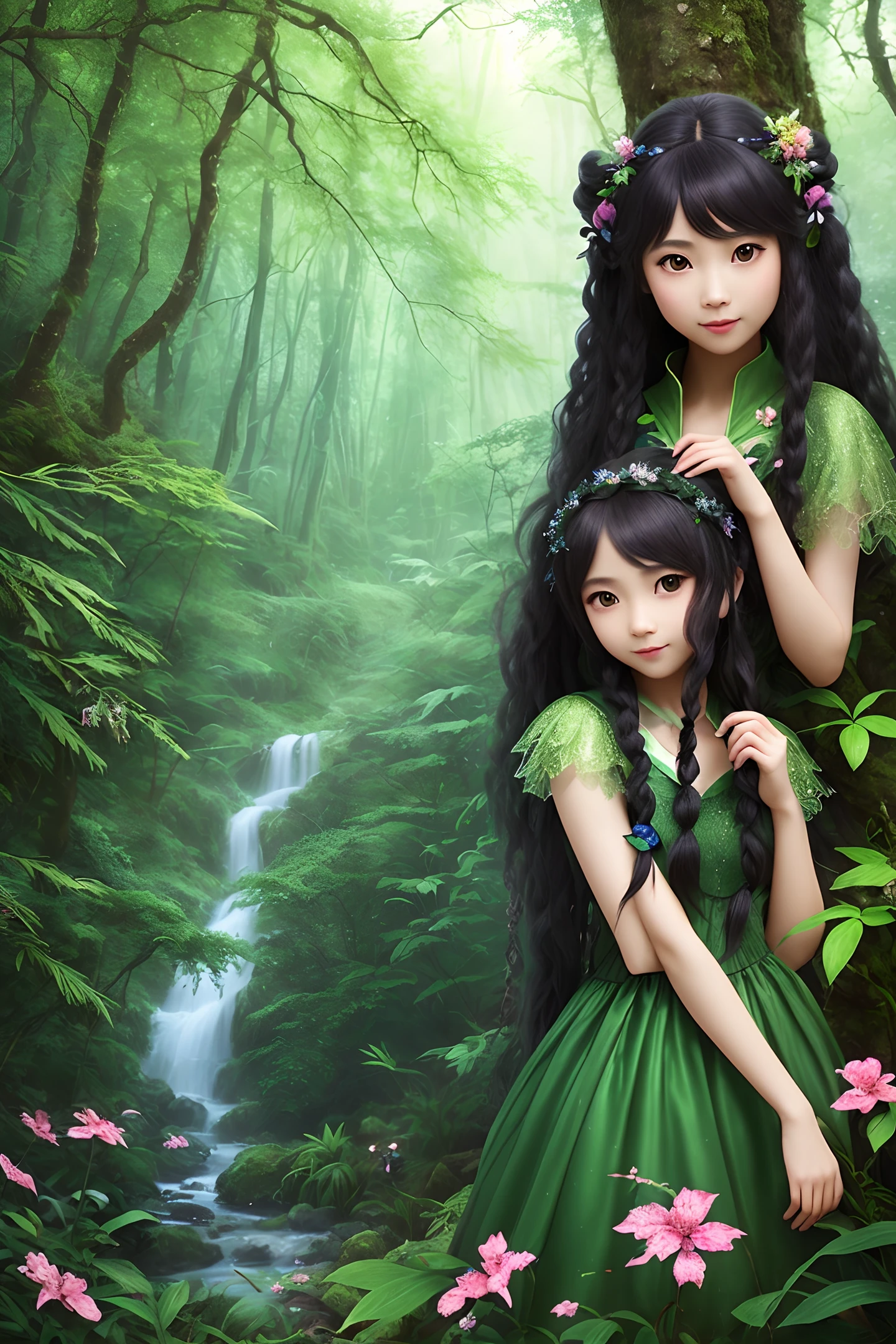 Very detailed photo of mysterious shy, curious (fairy: 1.1) Chinese girl in the forest, detailed gorgeous light green chinoiserie fairy dress, fantasy style, foggy background, hdr+, backlighting, (smile: 1.2), detailed Cute face, detailed gorgeous black braided hair with flowers and hair accessories, lush vegetation, highest quality, Unreal Engine, (black beautiful big eyes: 1.3) fairy in the forest