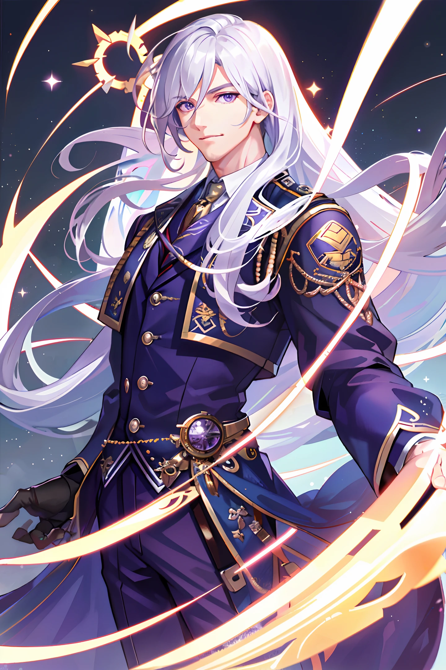 Realistic, (male), the most handsome man in the world, handsome guy, white curved long hair, purple eyes, macro lens, (focusing on the face), high-quality, high-quality, master's work, exquisite CG, 8k