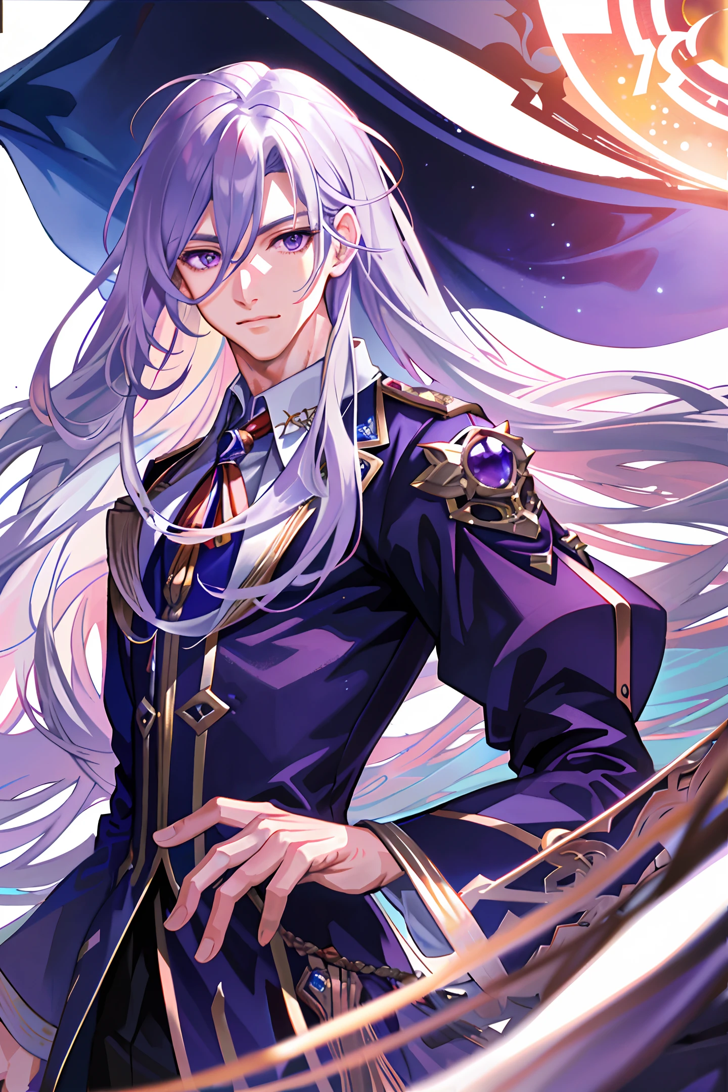 Realistic, (male), the most handsome man in the world, handsome guy, white curved long hair, purple eyes, macro lens, (focusing on the face), high-quality, high-quality, master's work, exquisite CG, 8k