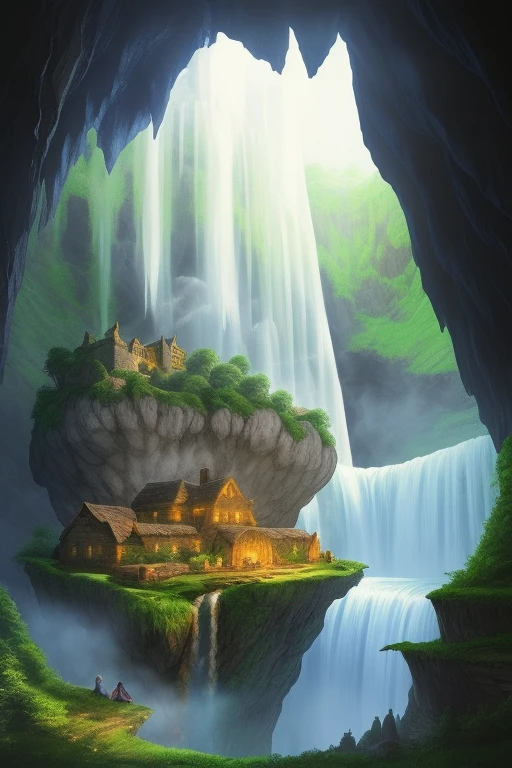 An impressive underground scene with a massive waterfall cascading from the cave ceiling, casting an ethereal mist over the troglodyte dwelling nestled inside, beautifully drawn.
