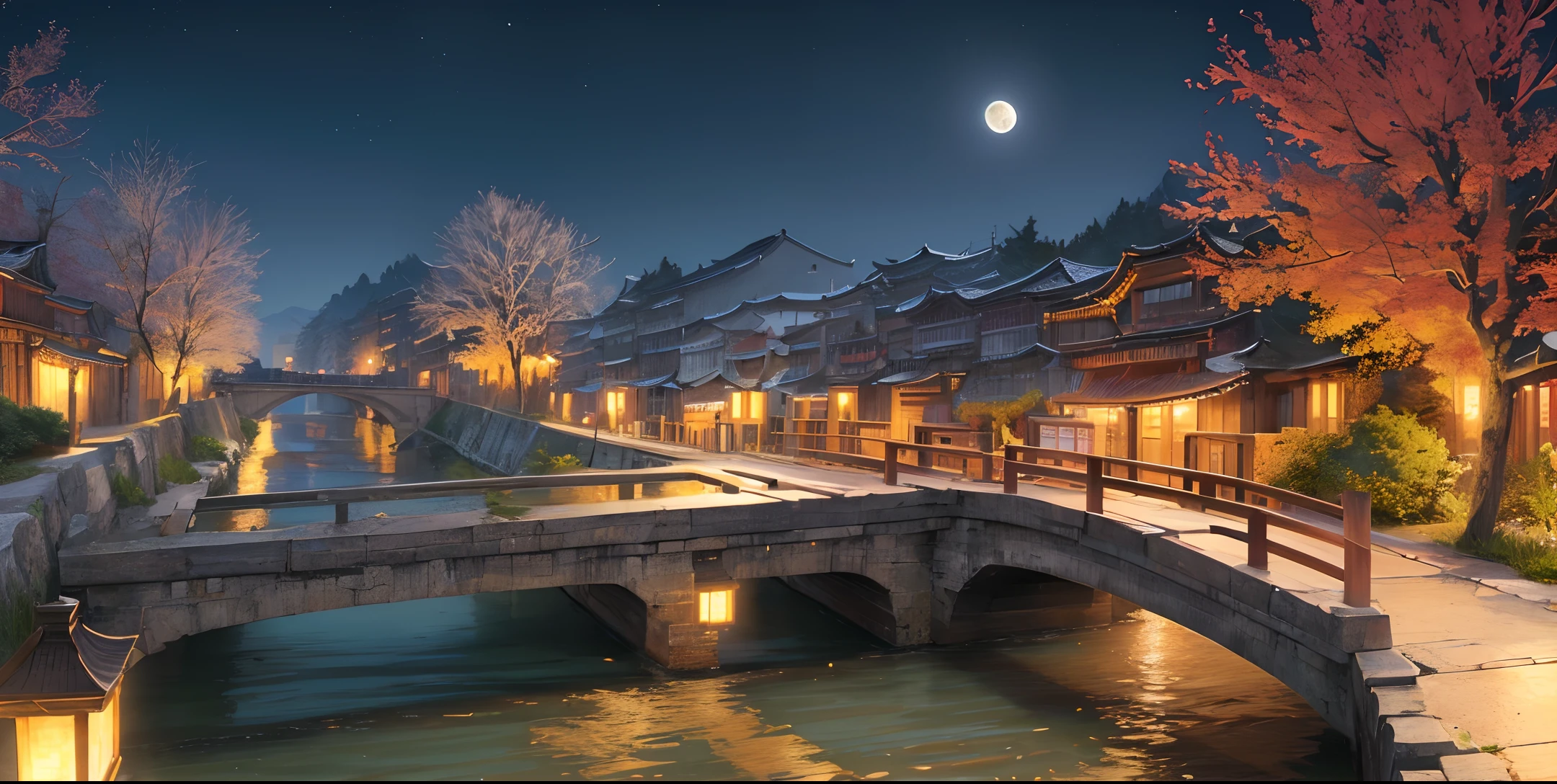 Official Art, Ancient Chinese Scenery, (Street), (River), (Small Bridge), (Midnight), (Moon), (Reed), Lighting, Beautiful Scenery, Epic Scenery, Realistic Lighting, Masterpiece, High Quality, beautiful graphics, high detail, global illumination, unreal engine rendering, substance 3D, octane rendering, (hdr: 1.3)