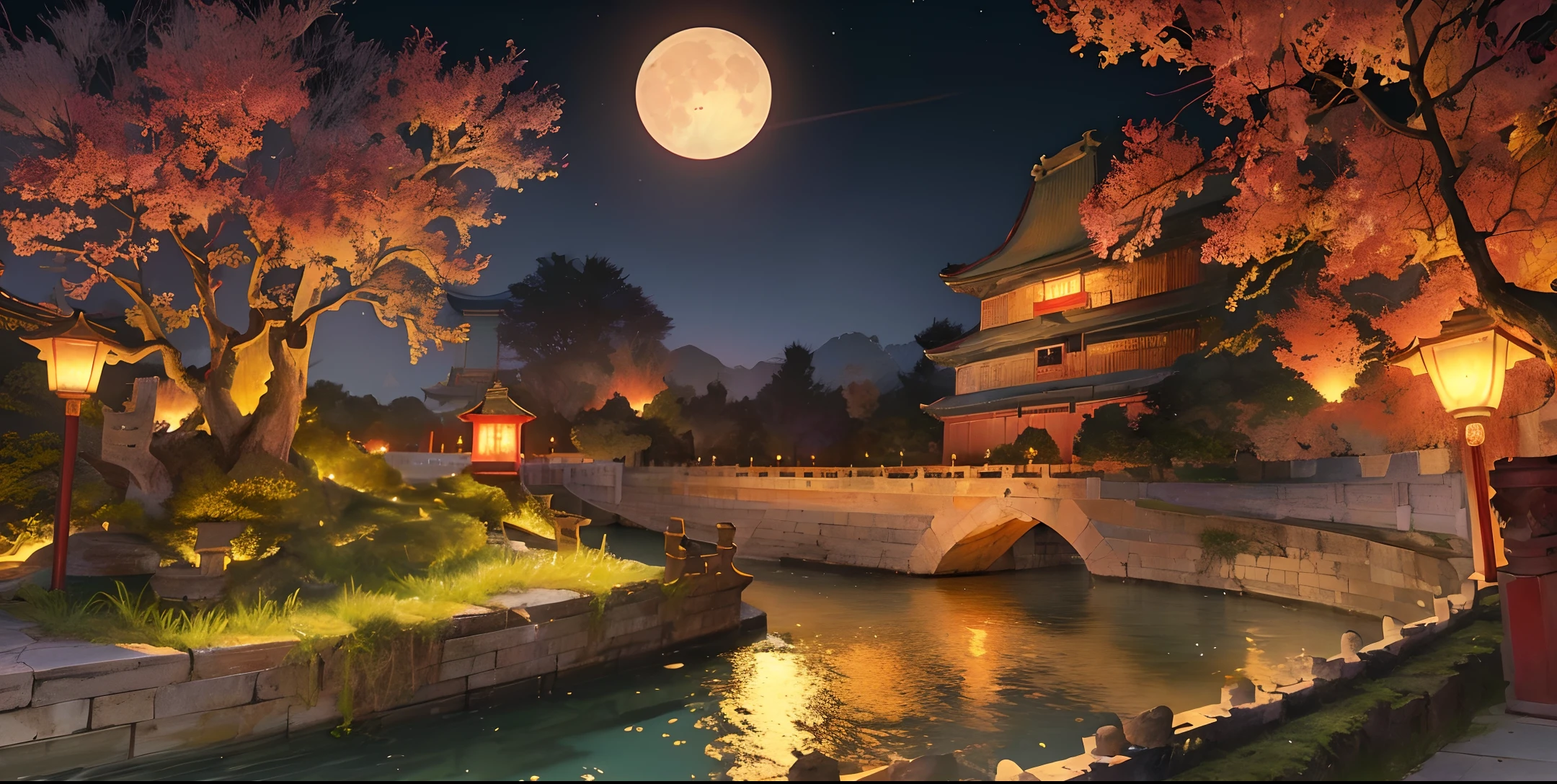 Official Art, Ancient Chinese Landscape, Palace, (Forbidden City), (Moat), (Midnight), (Moon), Small Paper Boat, (Kong Ming Lantern), Lighting, Beautiful Scenery, Epic Scenery, Realistic Lighting, Masterpiece, High Quality, Beautiful Graphics, High Detail, Global Illumination, Unreal Engine Rendering, Substance 3D, Octane Rendering, (HDR: 1.3)