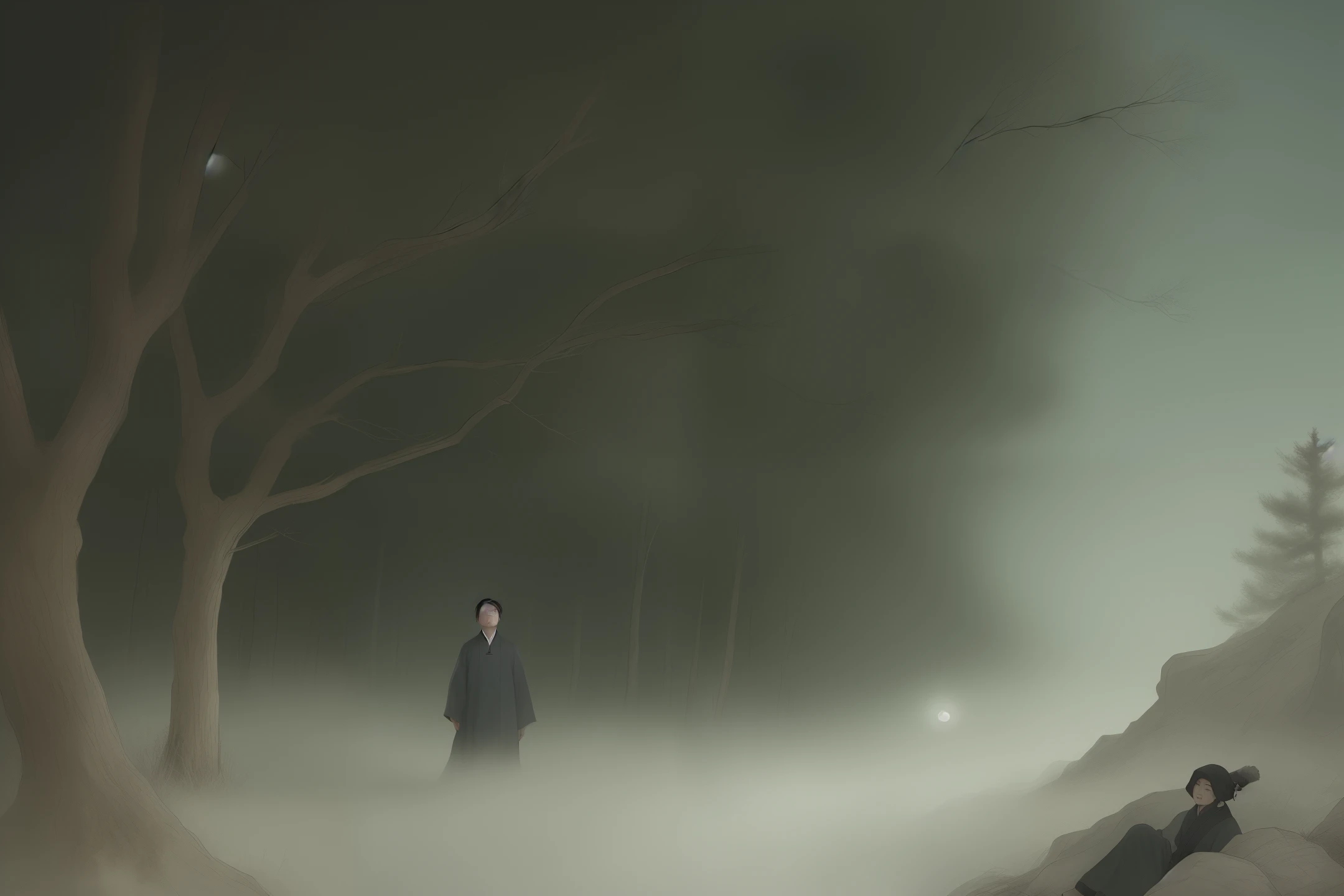 There are those who escaped revenge and hid in the deep mountains. When the moon was white and the wind was clear, they saw a ghost leaning against the poplars, and they dared not get up. The ghost suddenly saw it and asked, "Why don't you come out?" Li Er replied, "I fear you." The ghost said: "There is no one who is more terrifying than a human being. Why are ghosts afraid? Those who make the king so dizzy are people and ghosts." ?” He smiled and disappeared. traditional Chinese painting