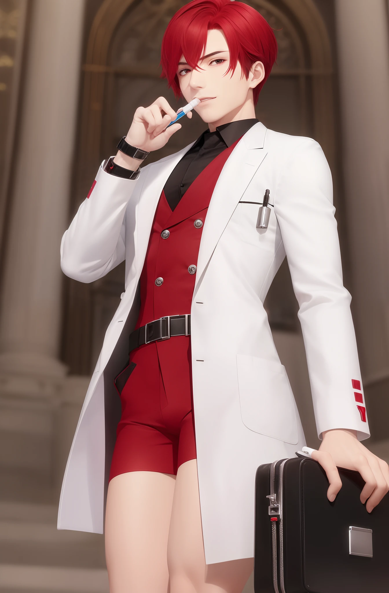 An extremely sexy and charismatic hot doctor man with stunning red hair, wearing a small medical bag around his wrist, has a flirty look and seductive red eyes, standing in front of a grand church, holding a syringe tightly.