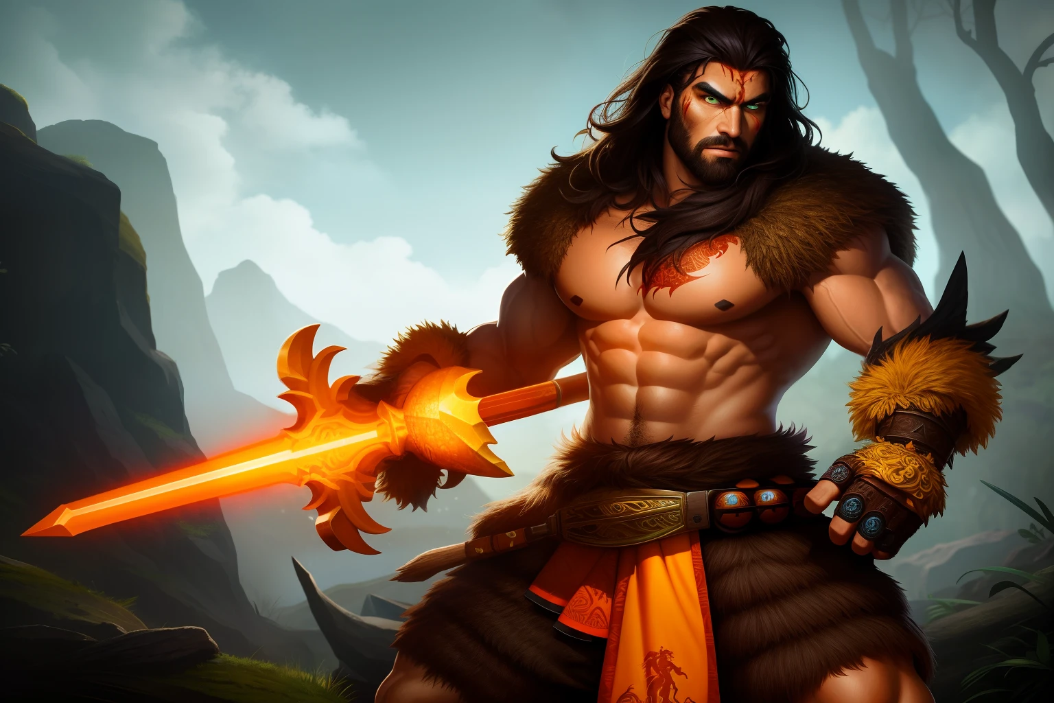 a man in a barbarian outfit standing in wilderness, Hunter, Bright orange glowing eyes, detailed face, fantasy