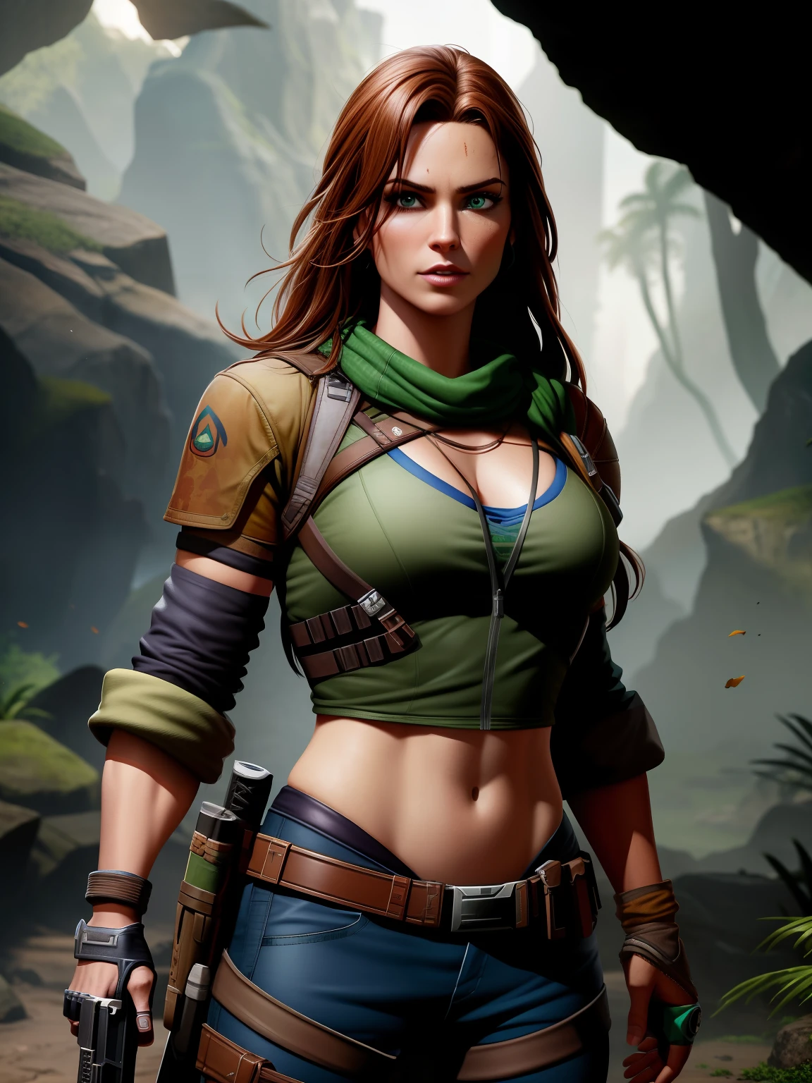 arafed woman hunter in a green top and blue bottoms holding a Gun and carrying swords deadpool styles, gorgeous ranger, portrait of lara croft, 3 d render character art 8 k, tomb raider beautiful, stunning character art, video game character art, aloy, lara croft, portrait of a female fighter, video game character, video game render, hunter lady, amazing 8k character concept art.