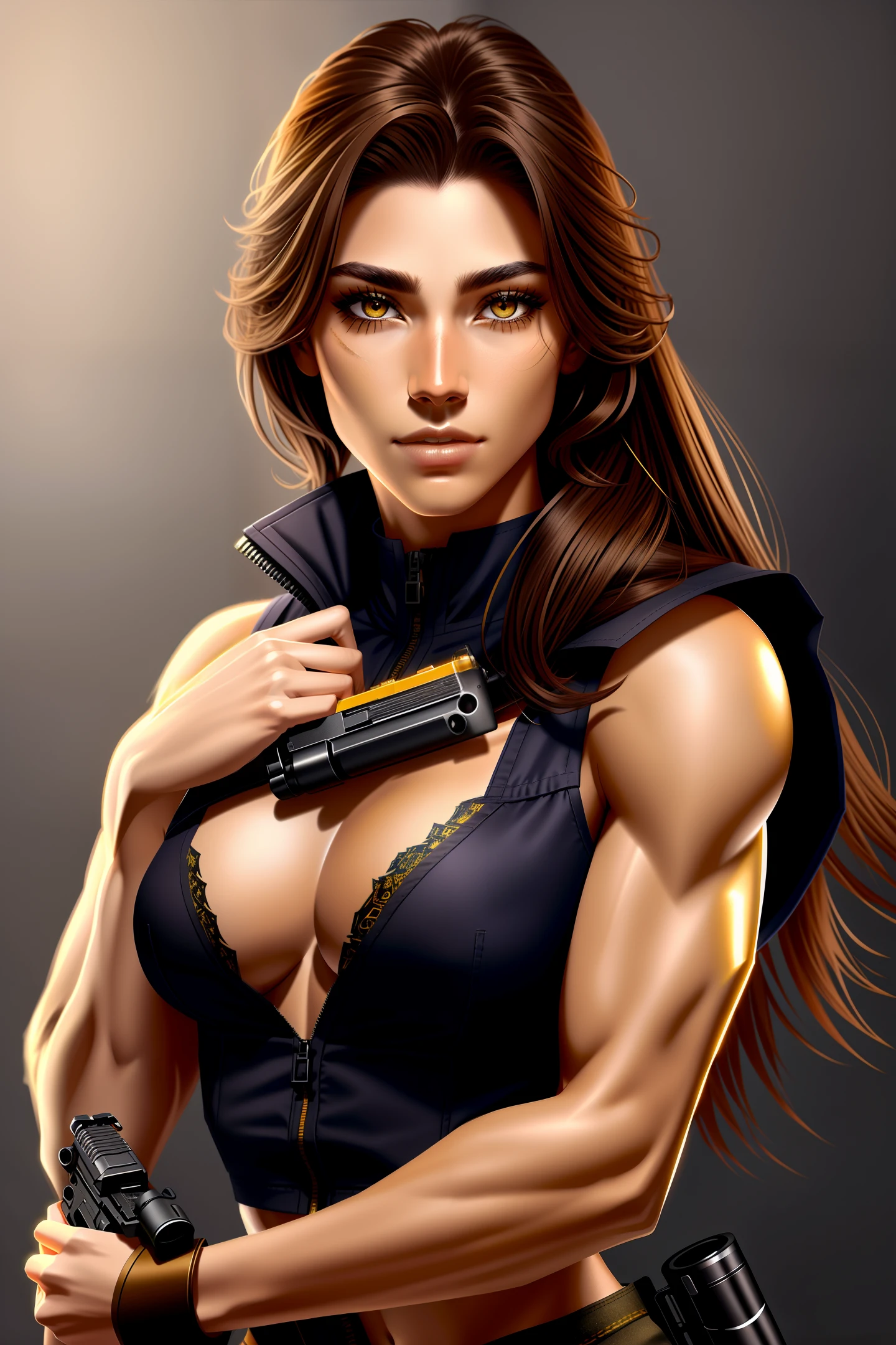 beautiful werewolf, brown hair, bright yellow eyes, muscular body, light makeup above the eyes, wearing military clothing, sfw, holding a gun, close portrait, realistic drawing