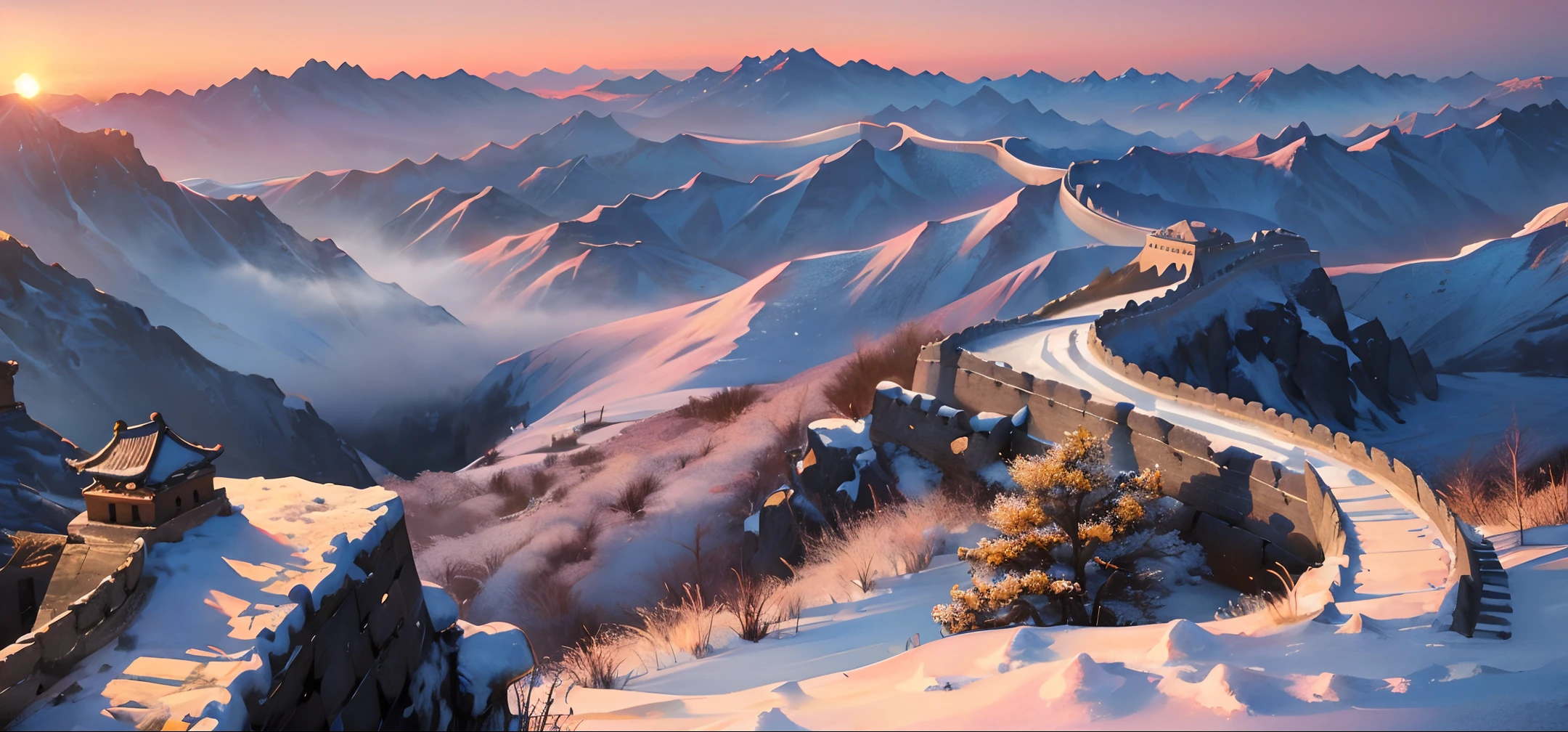 Official Art, Ancient China, Winter, Snow, (Ancient Great Wall), (Sunset), (Cooking Smoke), Lighting, Beautiful Landscape, Epic Landscape, Realistic Lighting, Masterpiece, High Quality, Beautiful Graphics, High Detail, Global Illumination, Unreal Engine Rendering, Octane Rendering, (HDR: 1.3)