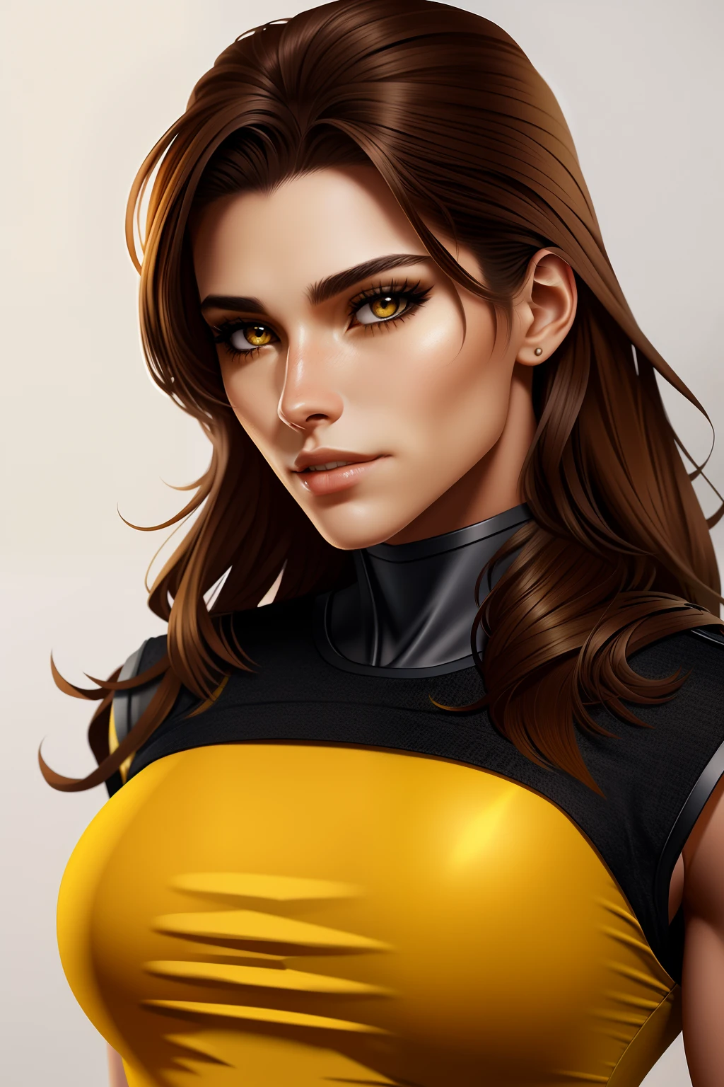 pretty female werewolf, brown hair, bright yellow eyes, muscular body, light makeup above the eyes,
Using military clothes, sfw, holding a handgun, close portrait, realistic drawing