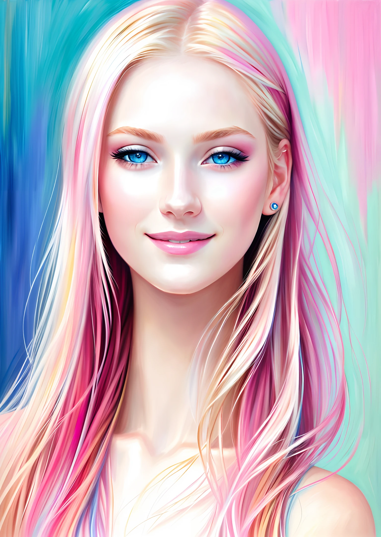 (ultra realistic painting, masterpiece, best quality), (female, young adult, blue eyes, pale skin), (pink, light makeup, loose blonde hair, bright, wide smile), (romantic)