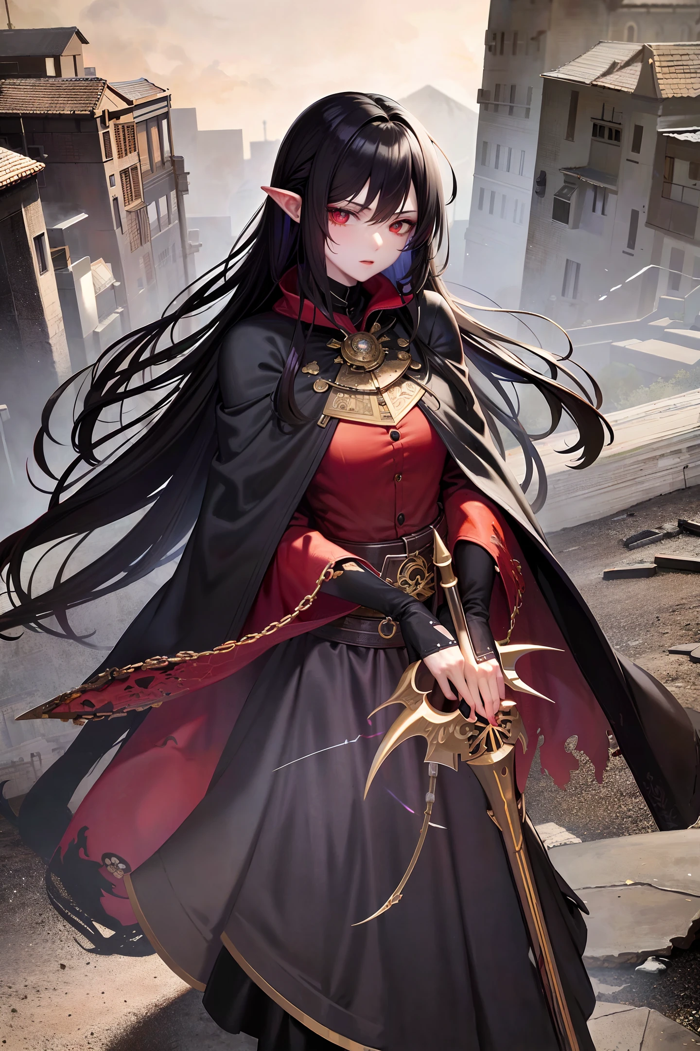 (masterpiece, superb, super detailed), blood, black hair, dark circles, scars, 1girl, Yujie, cape, tattoos, chains, black sword, flames, lightning, wreckage, mature women, standing, night, dilapidated village, winter, dead