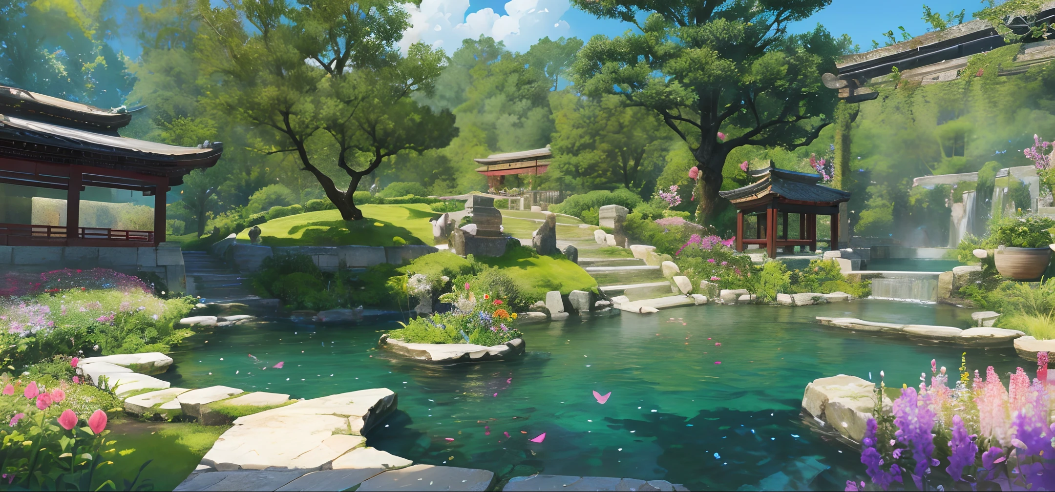 Official Art, Ancient China, Beautiful Garden, (Birds and Flowers), Butterfly, Beautiful Landscape, Epic Landscape, Realistic Lighting, Masterpiece, High Quality, Beautiful Graphics, High Detail, Global Illumination, Unreal Engine Rendering, Octane Rendering (HDR: 1.3)