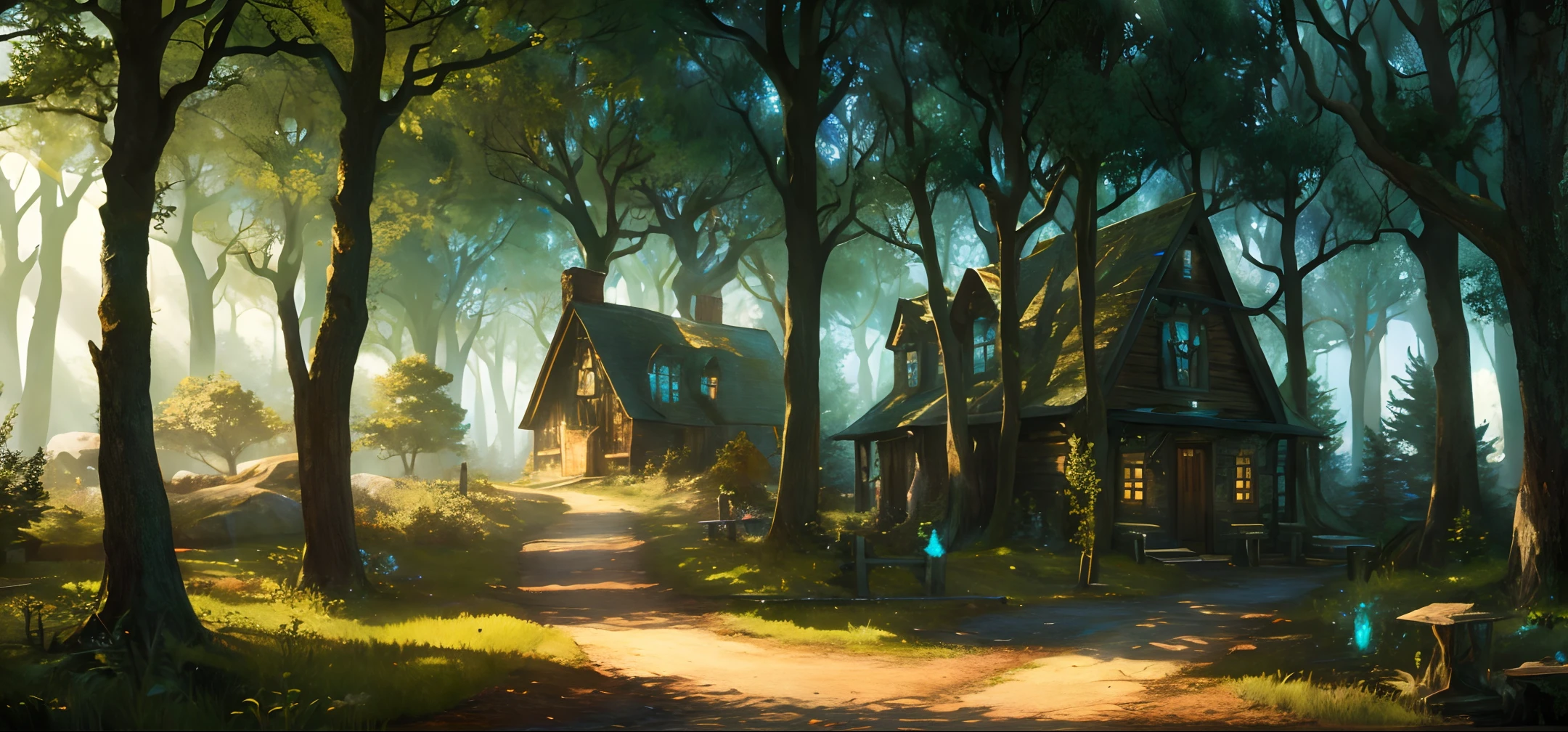 Official Art, Enchanted Forest, Witch&#39;s House, Fantastic Creatures, Beautiful Landscapes, Epic Landscapes, Realistic Lighting, Masterpiece, High Quality, Beautiful Graphics, High Detail, Global Illumination, Unreal Engine Rendering, Octane Rendering (HDR : 1.3)