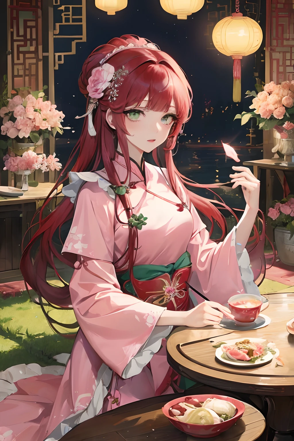 Masterpiece Ultimate Waterside Banquet 1 Female Mature Woman Elegant Chinese Style Ancient Chinese Sister Yujie 1. Anime girl with red hair and green eyes wearing a green bow, red hair and green eyes, anime visual of cute girl, digital art of danganronpa, portrait Anime girls, cute anime girl portraits, beautiful anime portraits, anime style 4k, beautiful anime high school girls, best anime 4k konachan wallpapers, cute anime girl portraits. Gorgeous headdress light pink lips pink dress powder dress yarn shape Clothes full of intellectual bangs flat bangs hairpin flower ball zither