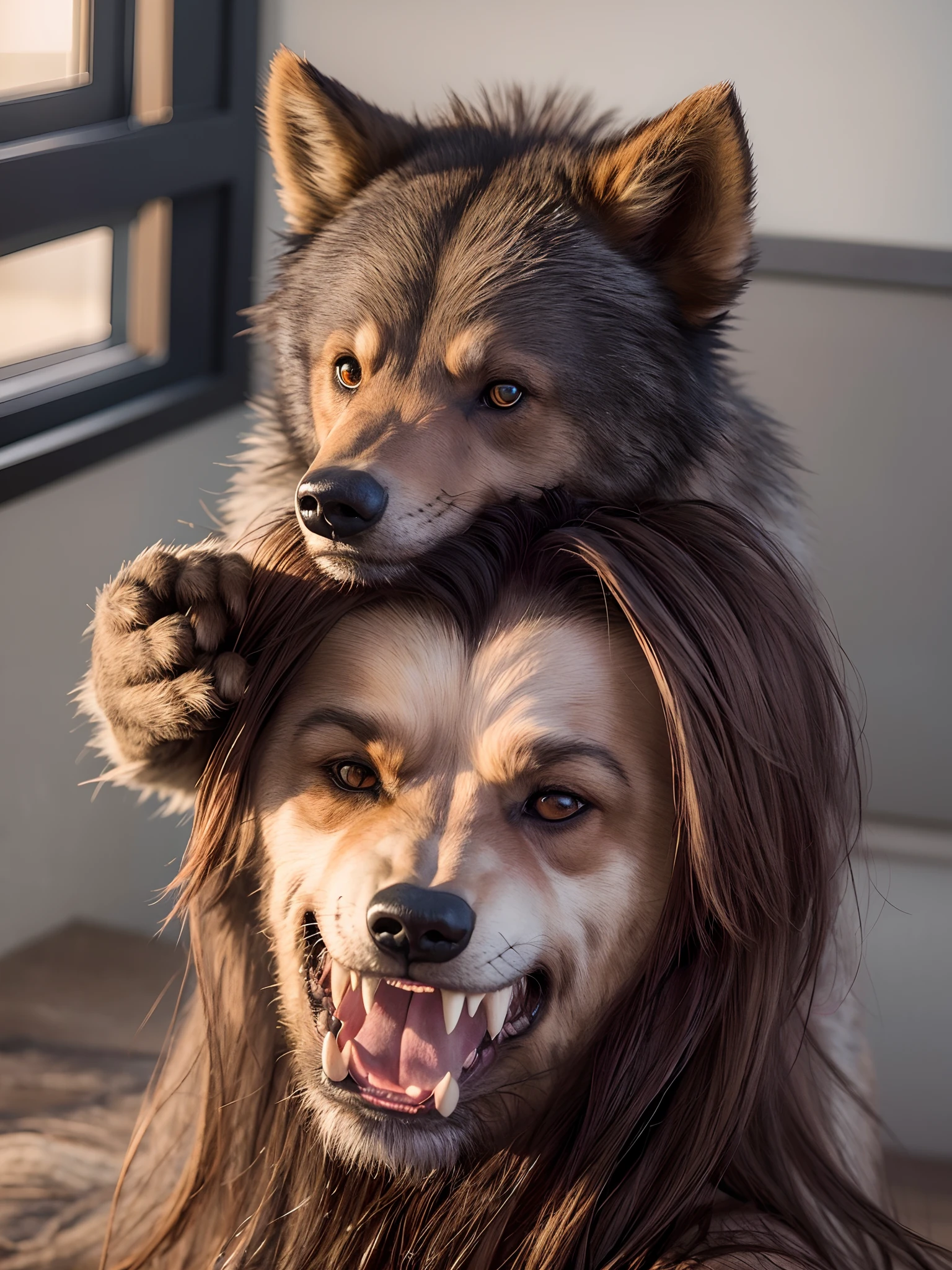 cute werewolf cub biting a bear toy