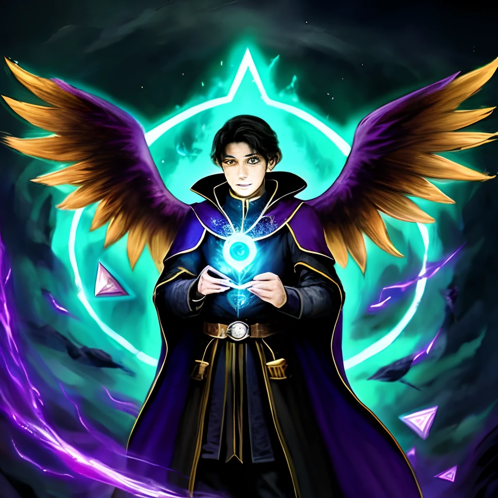 First archmage of history, using dark magic, grimories flying around him. He's testing new spells he created. He's trying to bring peace in this land again.