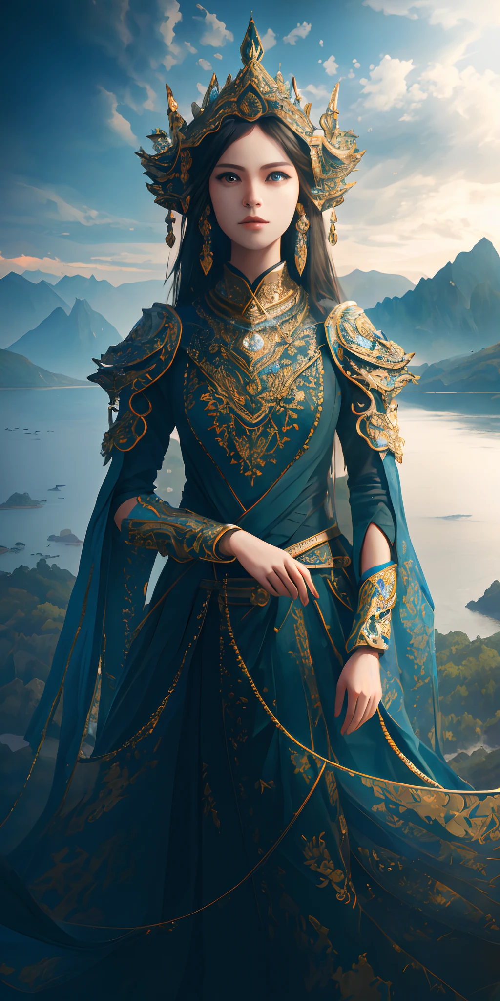 masterpiece, best quality, high quality, extremely detailed CG unity 8k wallpaper, scenery, outdoors, sky, cloud, day, mountain, landscape, water, tree, blue sky, waterfall, cliff, nature, lake, river, cloudy sky,award winning photography, Bokeh, Depth of Field, HDR, bloom, Chromatic Aberration ,Photorealistic,extremely detailed, trending on artstation, trending on CGsociety, Intricate, High Detail, dramatic, Malenia from NoD, art by Ənigma 