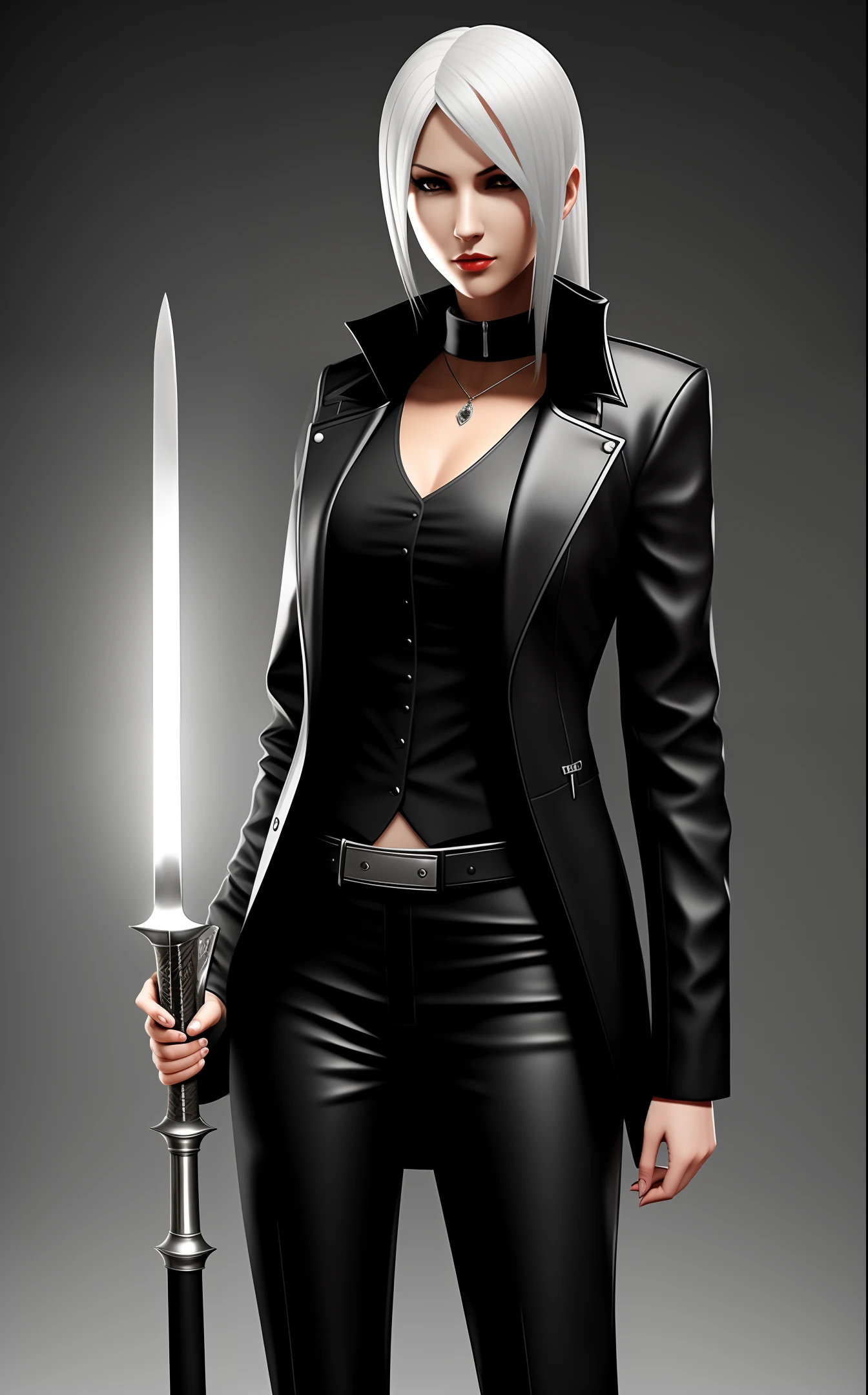 Slender Female Hunter. Mafia outfit holding a glowing silver sword. Ready to fight. Realistic
