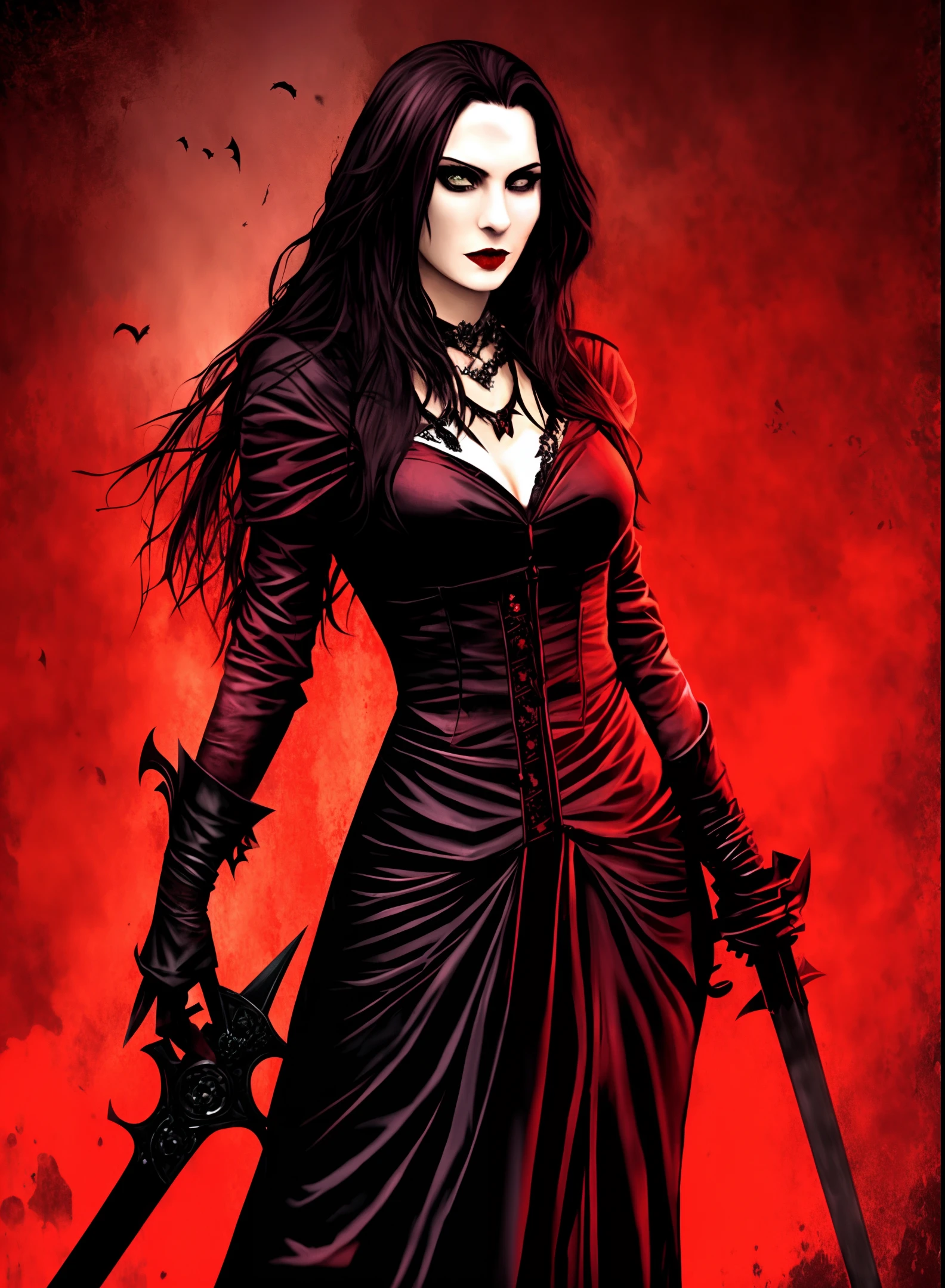 female vampire, dark, bloody with sword