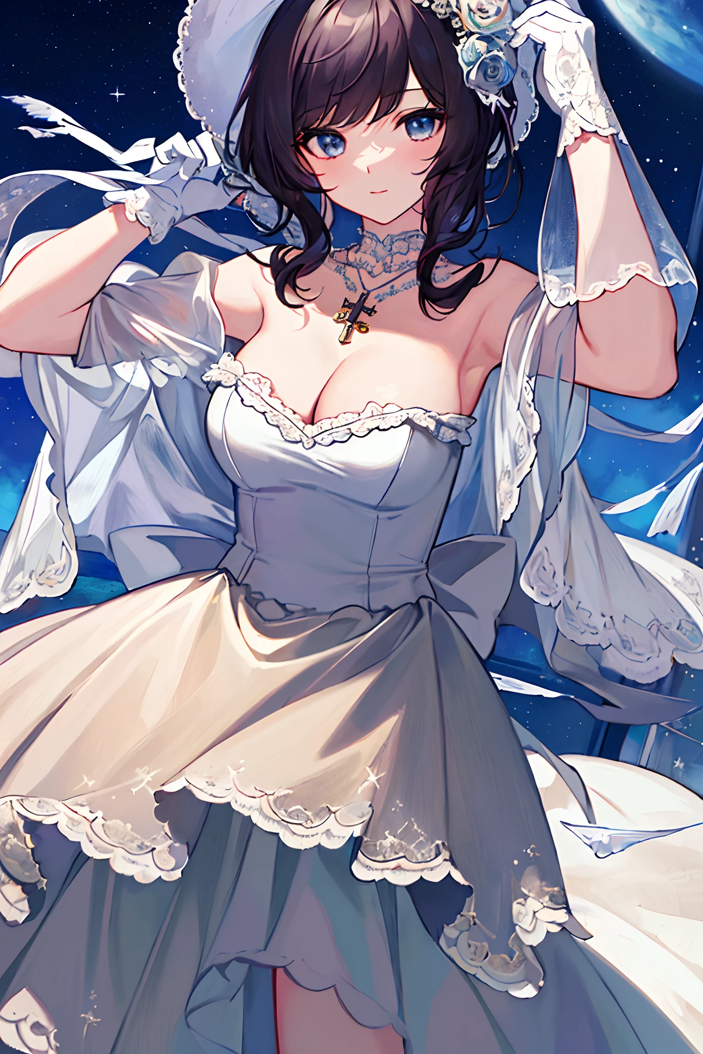 (((masterpiece))),(((best quality))),(((extremely detailed))),illustration, 1girl,solo,mysterious,vivid color,shiny,moon,star (sky),standing,arms up cross-legged starry sky, gloves, dress, shut up, white dress, strapless, jewelry, cleavage, arm on hip, cowboy photo, necklace, black gloves,