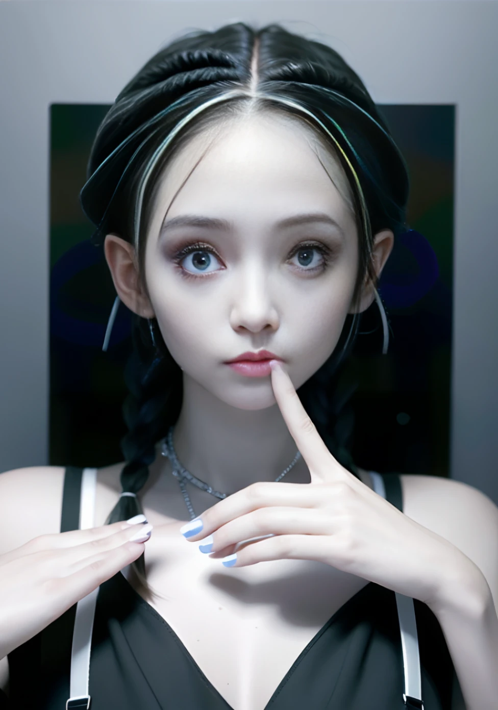 (((Beautiful girl, finger on the corner of mouth))), look left, suspender skirt, braid, cross necklace, white hair, blush,, eye shadow, (RAW photo:1.2), (realism: 1.4), (masterpiece : 1.3), (best quality: 1.4), dreamy, (eye detail), (facial feature detail), (clothes detail), tights, (shiny skin), (slender girl), (Slender Girl), 1girl , solo, cute, innocent, smlie, VirtualGirl-Aim, (medium breast), Masterpiece, 8K