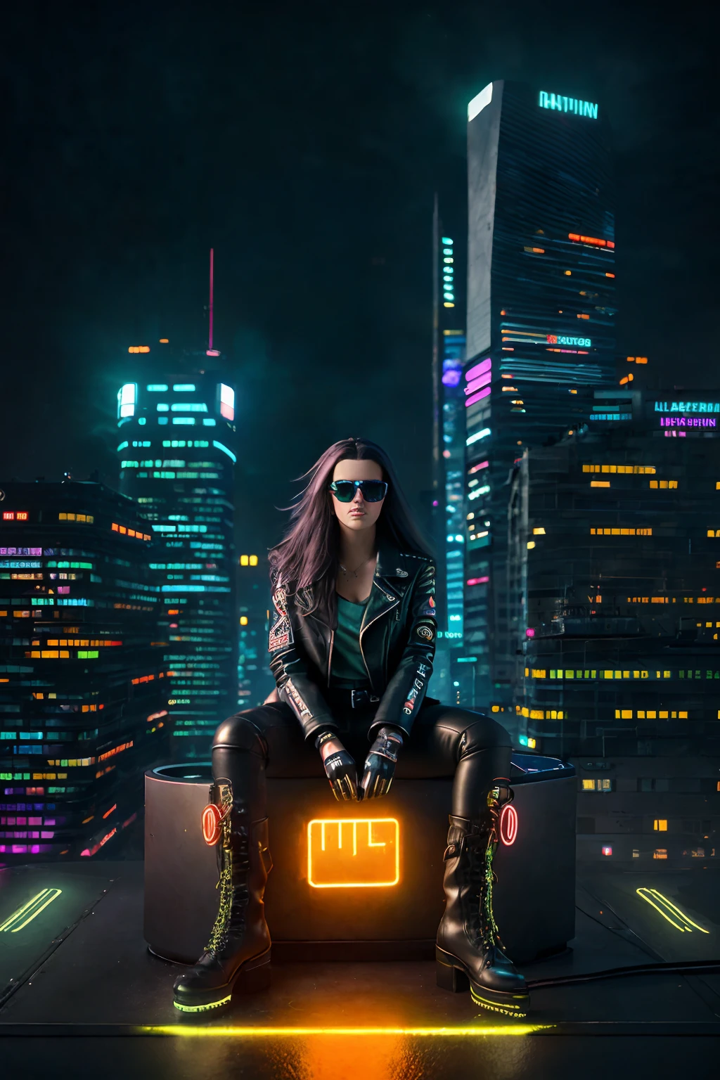 (masterpiece), best quality, ultra high res, cyberpunk style, 1girl,(black leather jacket and biker boots),long hair, night city, sitting on a rooftop,(neon lights), photon mapping, radiosity, physically-based rendering, cinematic lighting, intricate, High Detail, Sharp focus, dramatic, photorealistic