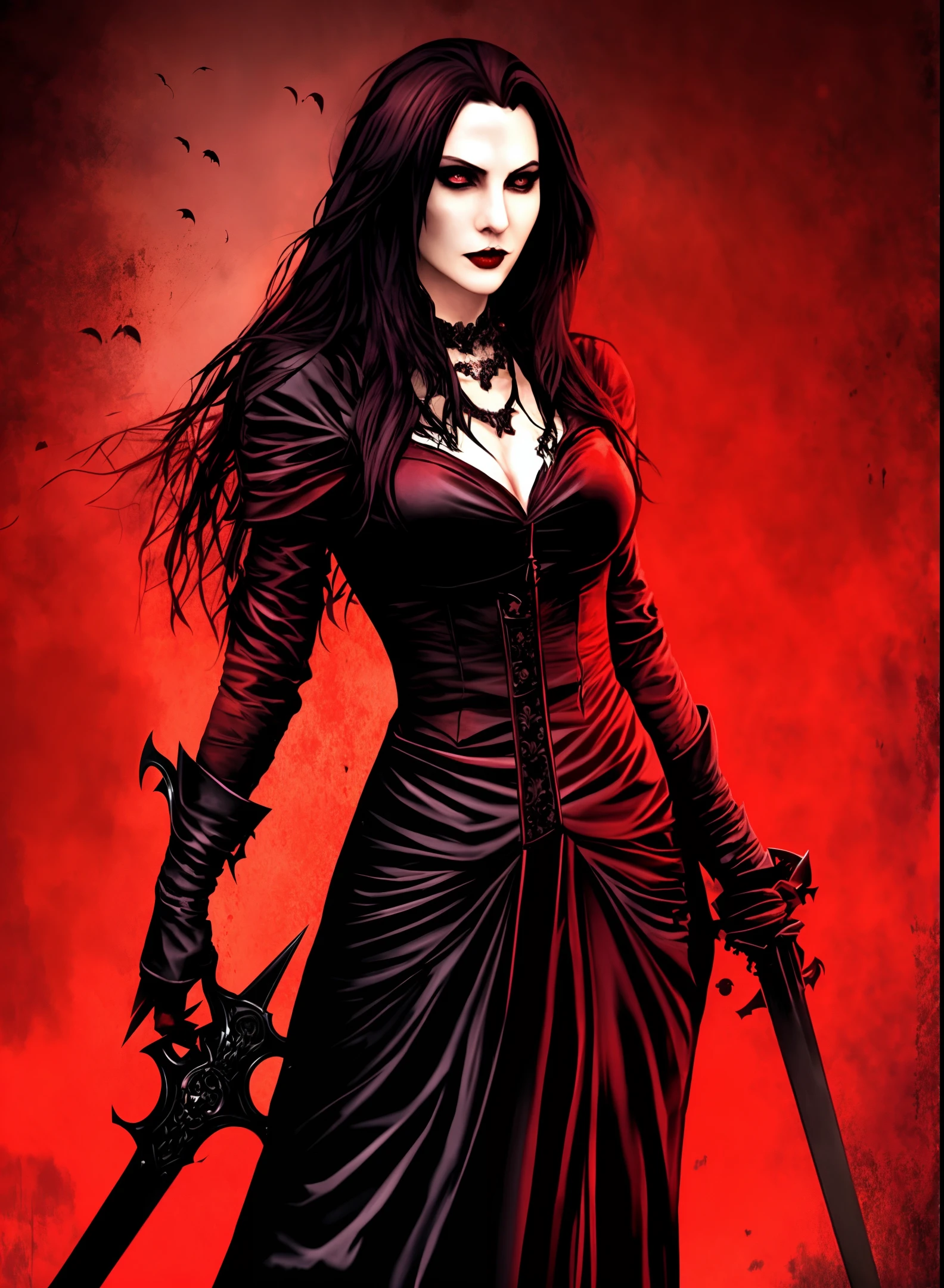 female vampire, dark, bloody with sword