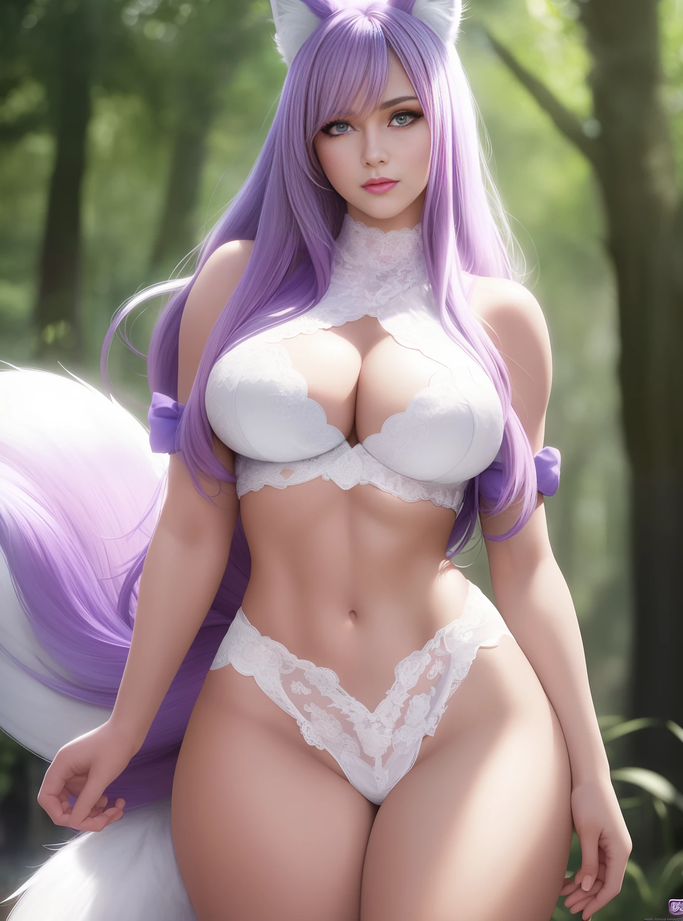 Masterpiece, beautiful face, smiling, smirking, long white and purple hair, petite, toned body, (face detail:0.8), (fox girl, fluffy tail)1.2, ahri, tanned skin, normal hands, (confused shy face, thick thighs:1.1), thigh gap, aesthetics, beauty, muscled, charming, medium breasts, sexy, blush, big blue eyes, (lace clothing :1.2), forest, makeup, detailed eyes, busty, curvy, toned abs, shiny eyes, staff, bangs, messed hair,
best quality, masterpiece, (realistic)1.1, film grain, professional lighting, cinematic lighting, cinematic angle, colored, HDR, unreal engine, detailed eyes, photorealistic