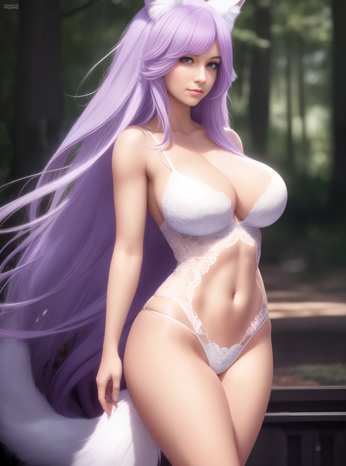 Masterpiece, beautiful face, smiling, smirking, long white and purple hair, petite, toned body, (face detail:0.8), (fox girl, fluffy tail)1.2, ahri, tanned skin, normal hands, (confused shy face, thick thighs:1.1), thigh gap, aesthetics, beauty, muscled, charming, medium breasts, sexy, blush, big blue eyes, (lace clothing :1.2), forest, makeup, detailed eyes, busty, curvy, toned abs, shiny eyes, staff, bangs, messed hair,
best quality, masterpiece, (realistic)1.1, film grain, professional lighting, cinematic lighting, cinematic angle, colored, HDR, unreal engine, detailed eyes, photorealistic