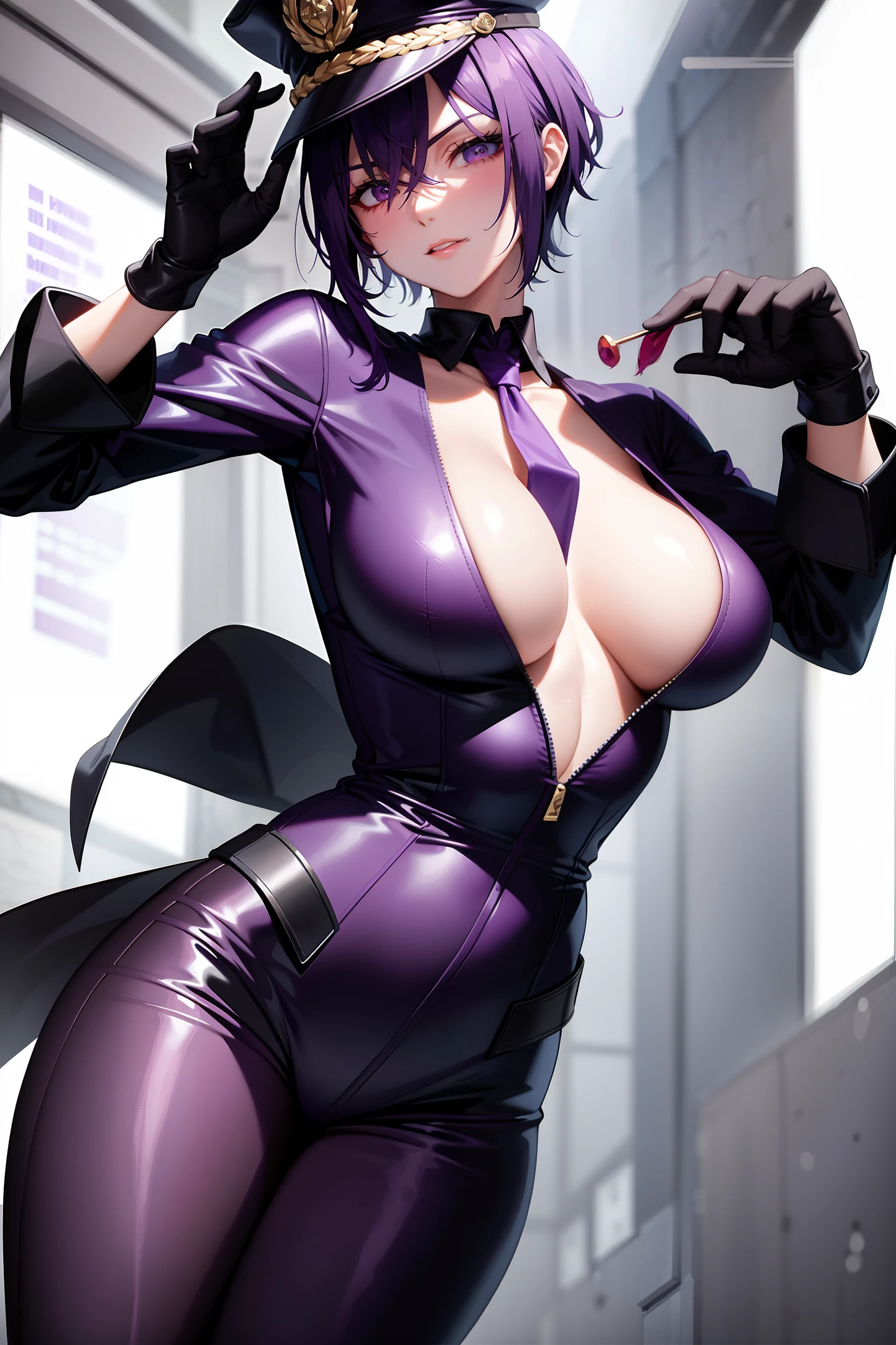 Beautiful sexy woman with short purple hair, buxom, young face, wearing black police cap, red tie, tight purple low cut jumpsuit, purple leather gloves, black boots, bare shoulders, golden badge on left hand The chest, exuding a confident expression, is depicted in anime style and set in a stone prison.