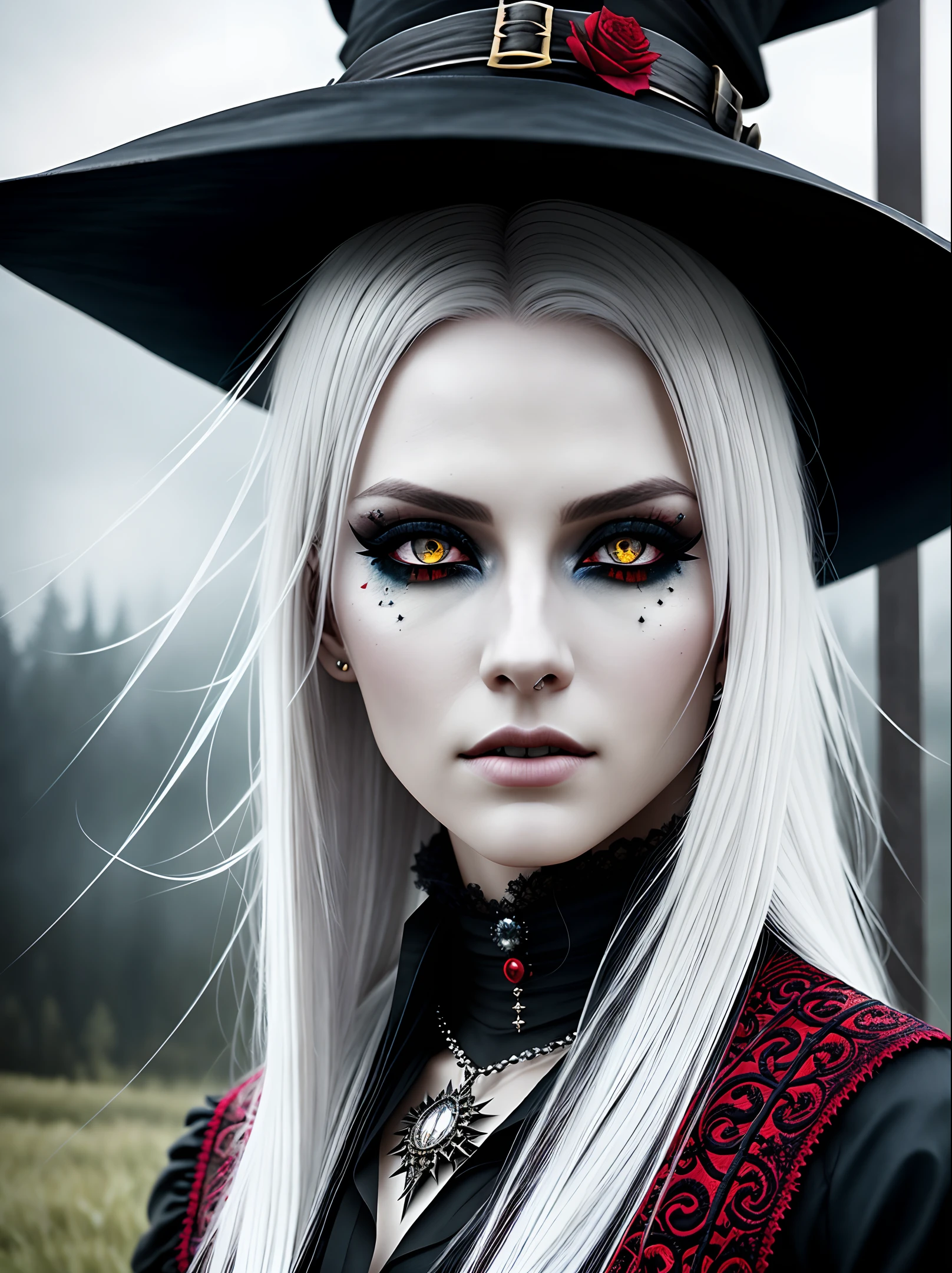 Beautiful witch, headshot, witch, beautiful, masterpiece, hdr, powerful, piercing eyes, detailed eyes, intricate details, hyperdetailed, high contrast, highres, perfect lighting, white hair, red hair, unreal engine, gloomy background, having a vision