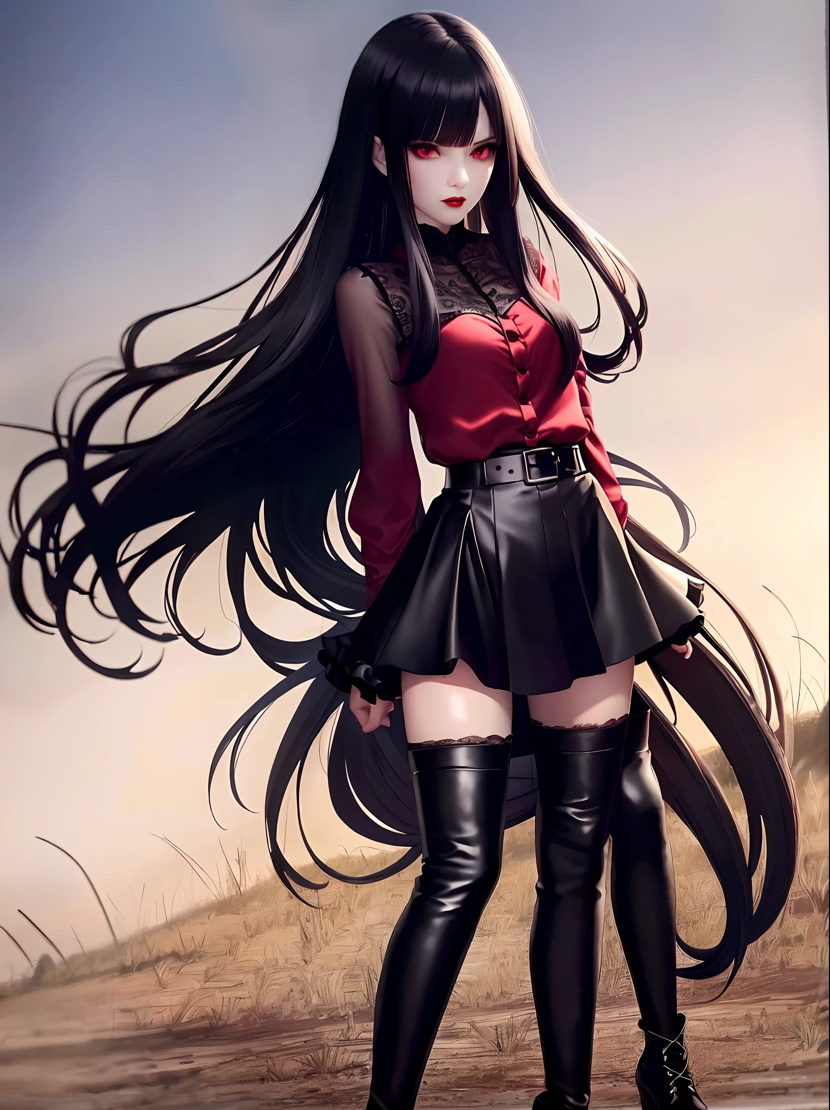 pretty female vampire, wavy long black hair, glowing red eyes, bangs, smart, black pants, white ruffled lace shirt, high-heeled platform lace-up knee-high black boots, determined gaze, red lips,  outside, forest, dusk, windy day, battle ready-stance, realistic drawing