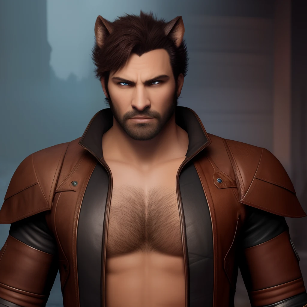 8k hyper realistic rendered dynamic lighting a beautiful portrait of a werewolf male ready for battle in blue and brown leather, his chest bared and in human form but for the claws on his right hand