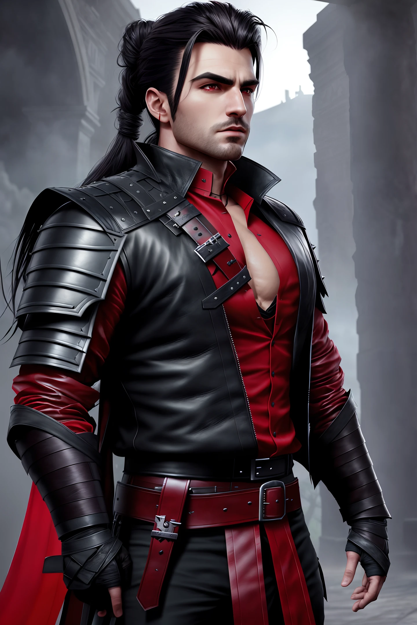 8k hyper realistic rendered dynamic lighting a beautiful portrait of a strong warrior male with long dark hair tied back for war. He wears red and black leather armor with his  bared. He is a vampire magician