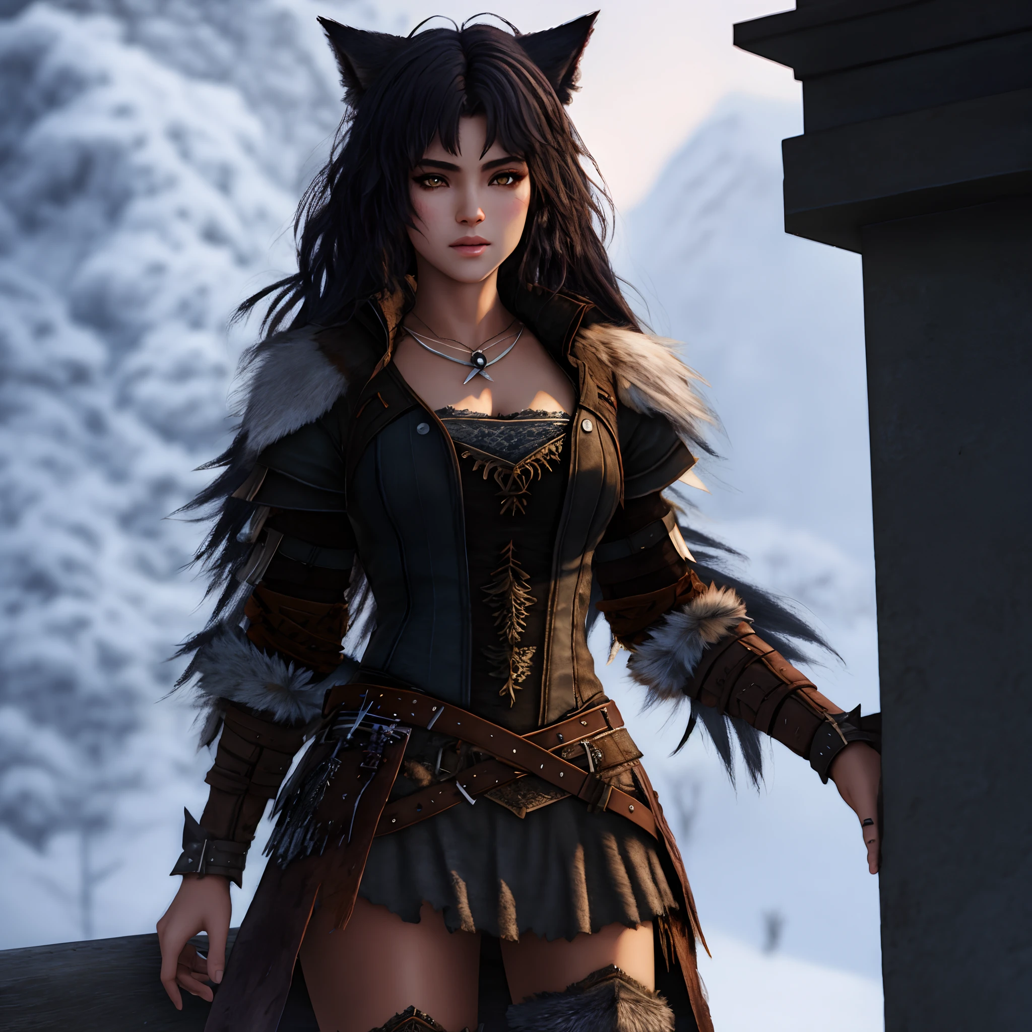 Ultra realistic young female werewolf warrior in tattered clothing at midnight
