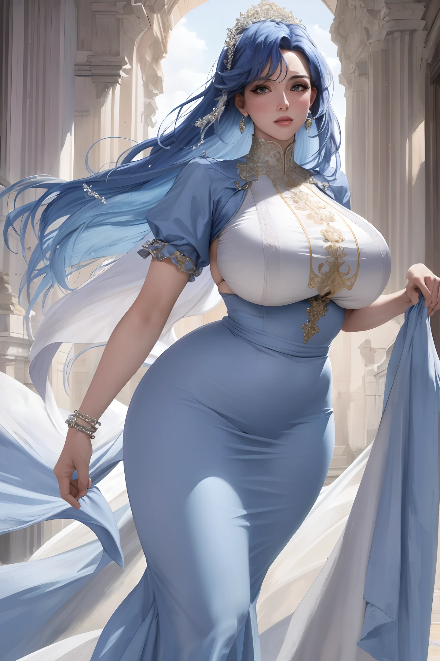 (best quality, masterpiece), upper body, adult woman, (light smile:0.6), big wave blue hair, (big boobs:1.4), aquamarine eyes, sexy, (thick thighs), (wide hips), see-through open gown, (masterpiece:1.2, best quality), realistic, (real picture, intricate details, depth of field), (1girl, solo), make up, noble, (aristocratic long skirt:1.3), elegant, blush, Dignified, proud, confident, (white and glossy skin), Gorgeous and varied jewelry, mature, married,(sightly rounded:1.2), (big ass:1.4),