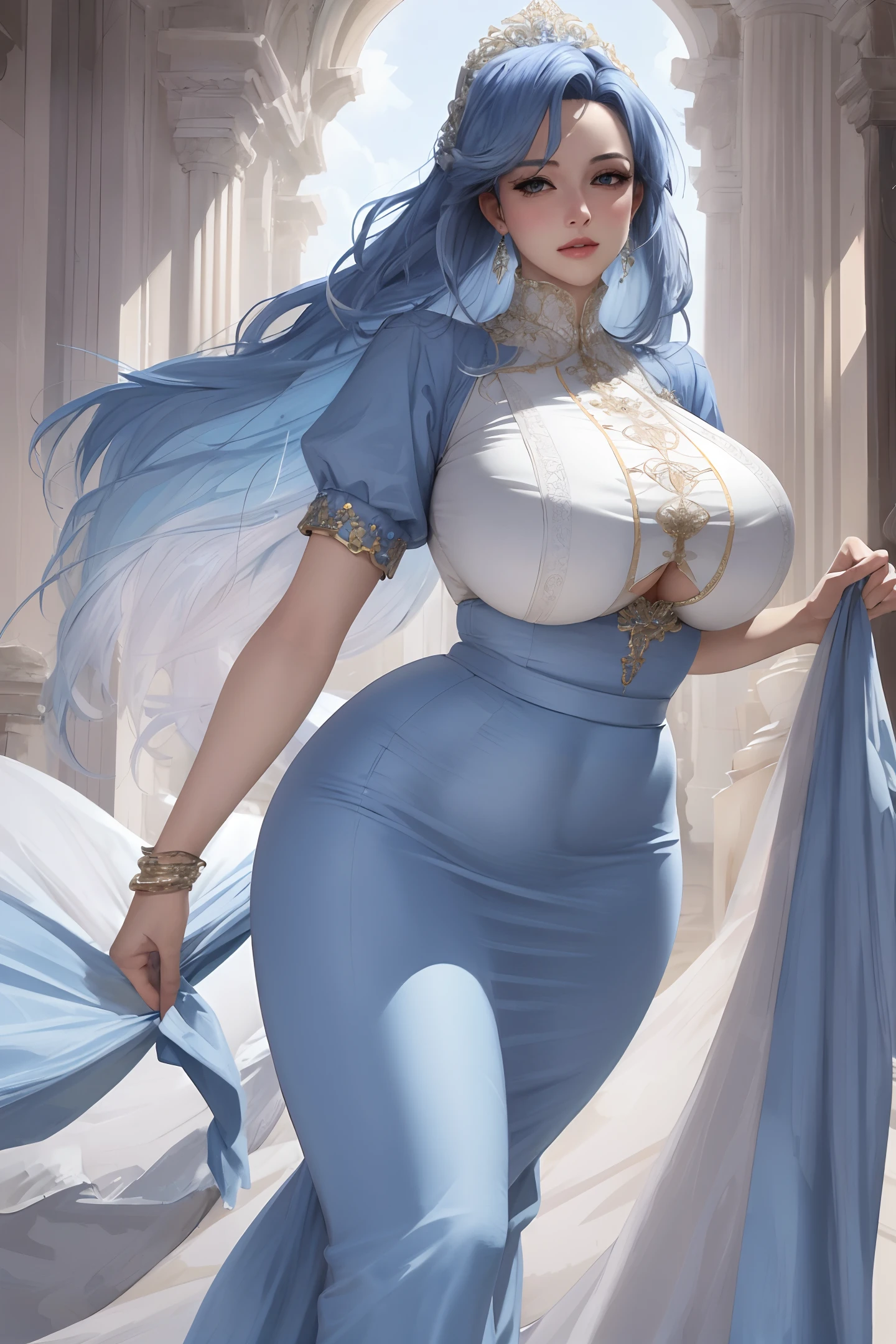 (best quality, masterpiece), upper body, adult woman, (light smile:0.6), big wave blue hair, (big boobs:1.4), aquamarine eyes, sexy, (thick thighs), (wide hips), see-through open gown, (masterpiece:1.2, best quality), realistic, (real picture, intricate details, depth of field), (1girl, solo), make up, noble, (aristocratic long skirt:1.3), elegant, blush, Dignified, proud, confident, (white and glossy skin), Gorgeous and varied jewelry, mature, married,(sightly rounded:1.2), (big ass:1.4),