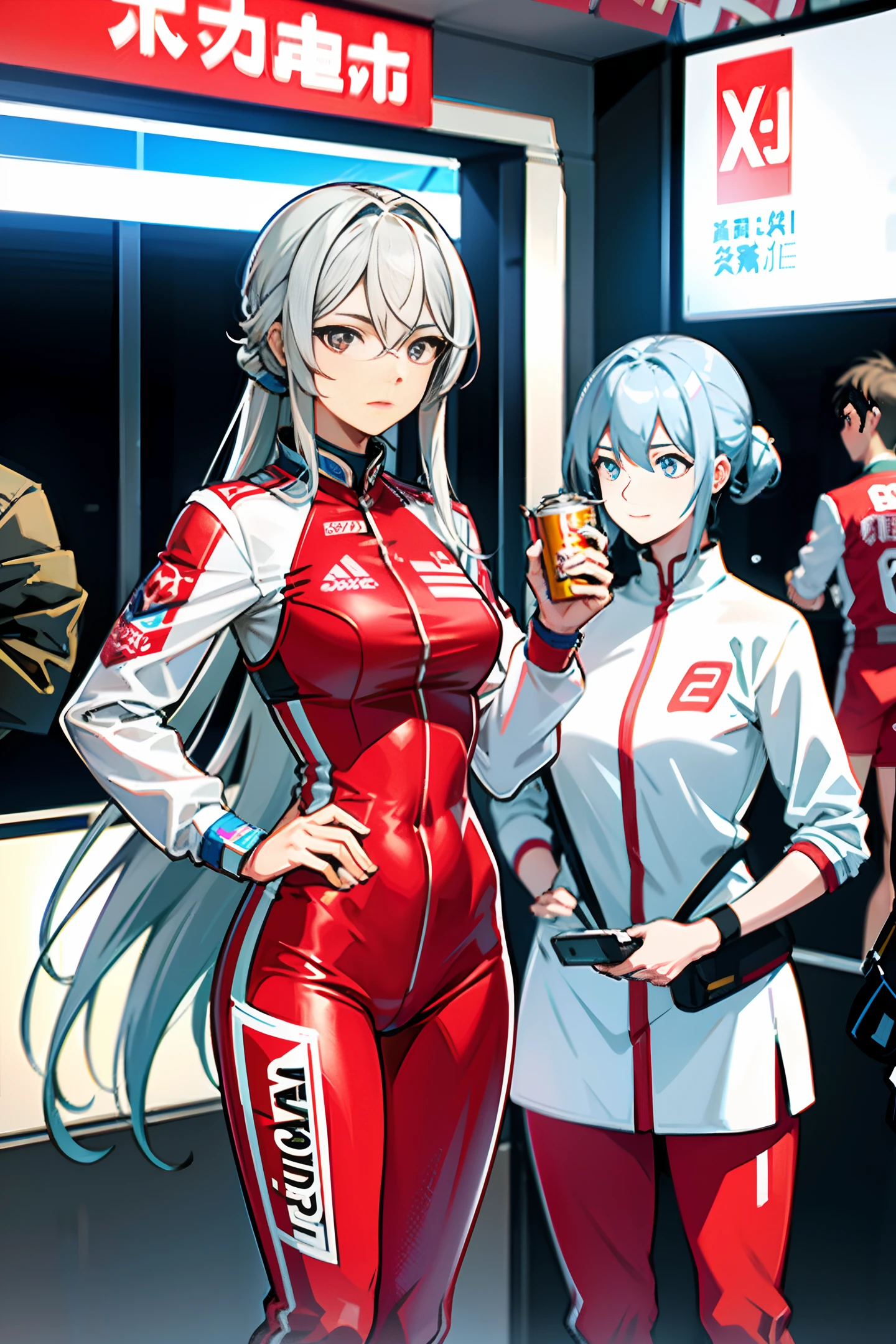 Masterpiece,high quality,4k wallpaper, HDR,(A beautiful) silver-haired, (female) racer named Luo Tianyi (stands) at a high-speed train station, (wearing) a vibrant red jumpsuit, (holding) a cold can of Coke.