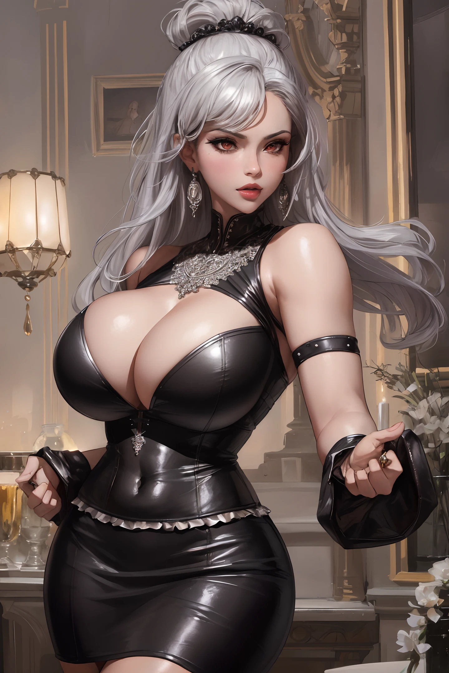 upper body, adult woman, (light smile:0.6), silver hair, (big :1.4), small waist, red eyes, sexy,ick thighs, small waist, wide hips, (masterpiece:1.2, best quality), realistic, (real picture, intricate details, depth of field), (1girl, solo), make up, noble, (black thight-fitting leather skirt:1.3), (navel), elegant, blush, Dignified, proud, confident, Gorgeous and varied jewelry, (blackskin:1.4), (sexy thilips),