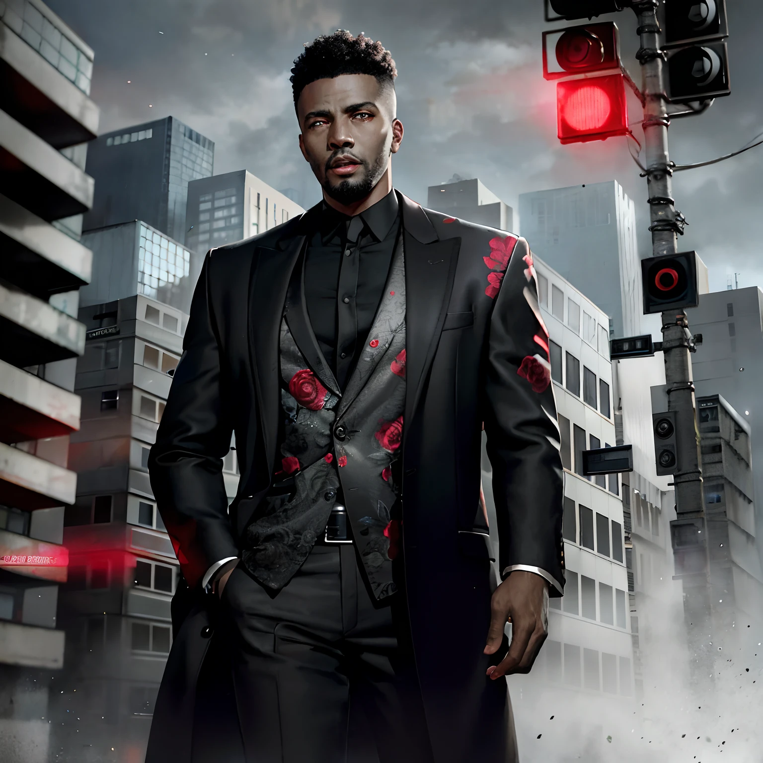 Outdoors, mature male with grey skin, wearing black and red floral jacket, wearing black dress pants, blue eyes, glowing eyes, short afro black hair, grey skin, urban environment, post-apocalyptic, night, 8k, Unreal engine, highly detailed, photorealistic