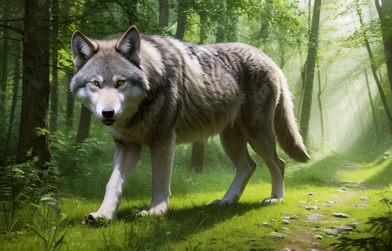 1 wolf with green fur, walking in the forest, full of magical flowers, extremely detailed eyes and face, best quality, masterpiece, illustration, very delicate and beautiful, very detailed, CG, unity, 8k wallpaper