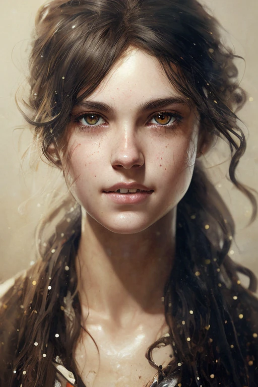 young, rogue teenage girl, messy long hair, dark skin, polka dot skirt, white shirt, smirk, (nose blush), belly button, beautiful detailed eyes, cinematic, drawn by Greg Rutkowski, Yoji Shinkawa:0.6
