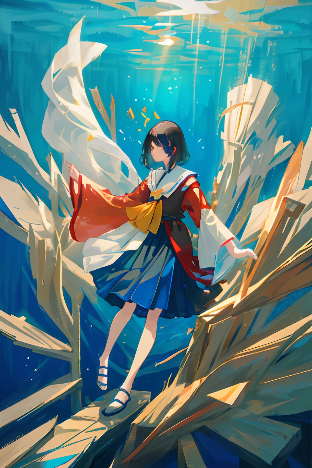 Miko, black hair, blue clothes, underwater, floating, long skirt