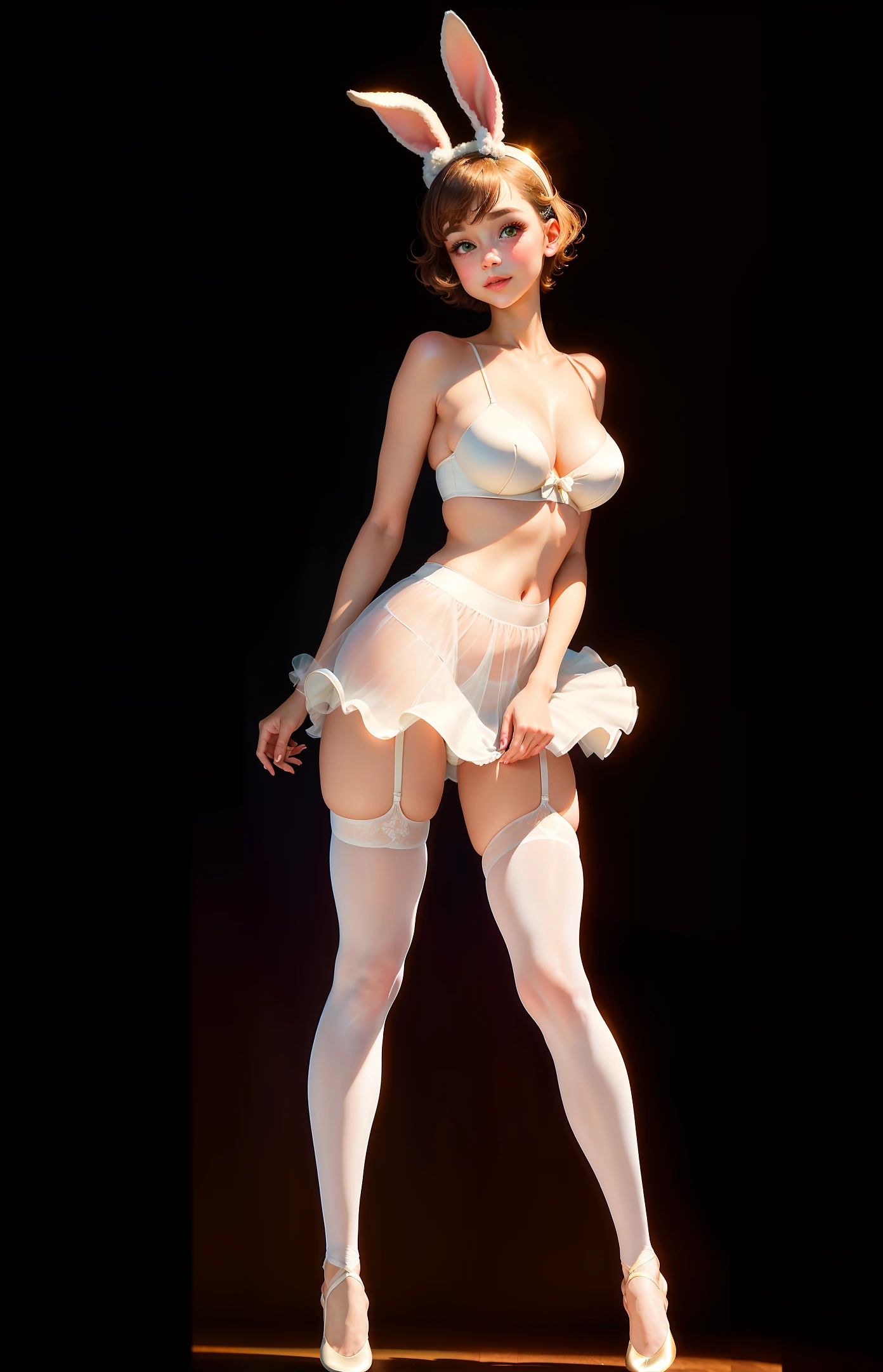 Beautiful 8k masterpiece, charming barefoot girl with short hair, pure white tube top, cute bunny ears and legs that last for days, accentuated by her tight skirt and sheer stockings. Her no-makeup face exudes innocence and beauty, ready for your viewing pleasure. Amazing boobs, cleavage, toe detail, dancing man, ballet body moves, strapless bra