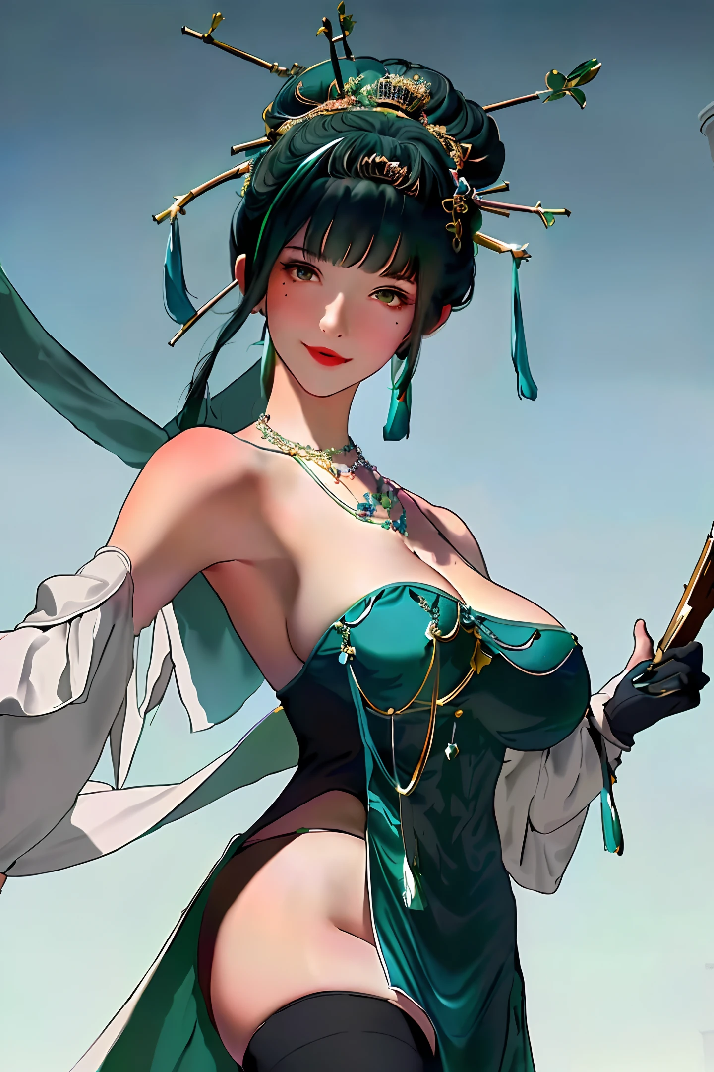 masterpiece, best, 1girl, bangs, strapless, brunette, blue bottom, big breasts, cape, cleavage, collarbone, green dress, gloves, gradient, gradient background, bun, hair accessory, hair stick, jewelry, mole, necklace, smile solo, stockings, tops, arms behind,