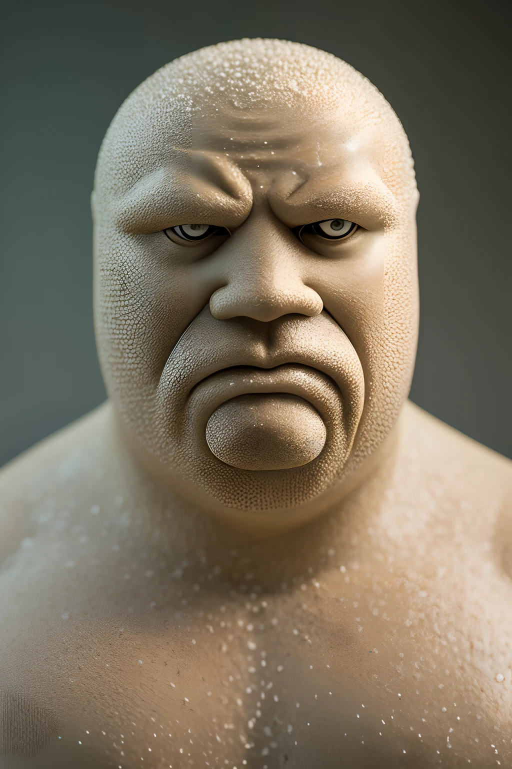 Professional photo salt shaker man, (angry face, detailed face), (fat body, detailed glass skin), natural lighting, (backlighting:0.6), shallow depth of field, 8mm film grain, photographed on a Sony Alpha 1, 50mm lens, F2.8, (highly detailed, intricate details, fine), 8k, HDR, deep focu, (Yoji Shinkawa:0.3)