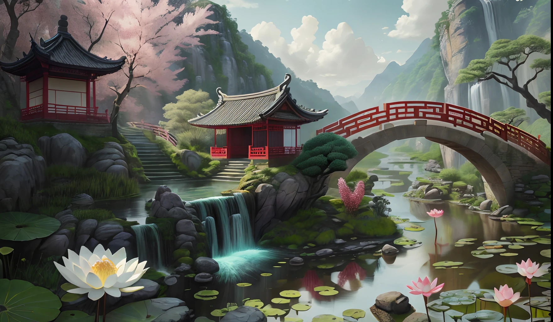 Chinese ancient architecture, sky, garden, bamboo, lake, stone bridge, rockery, arch bridge, corner, rockery, tree, water, landscape, outdoor, waterfall, grass, rock, water lily, creek, lotus, (Illustration: 1.0), Masterpiece, best quality, epic composition, realistic light and shadow, HD details