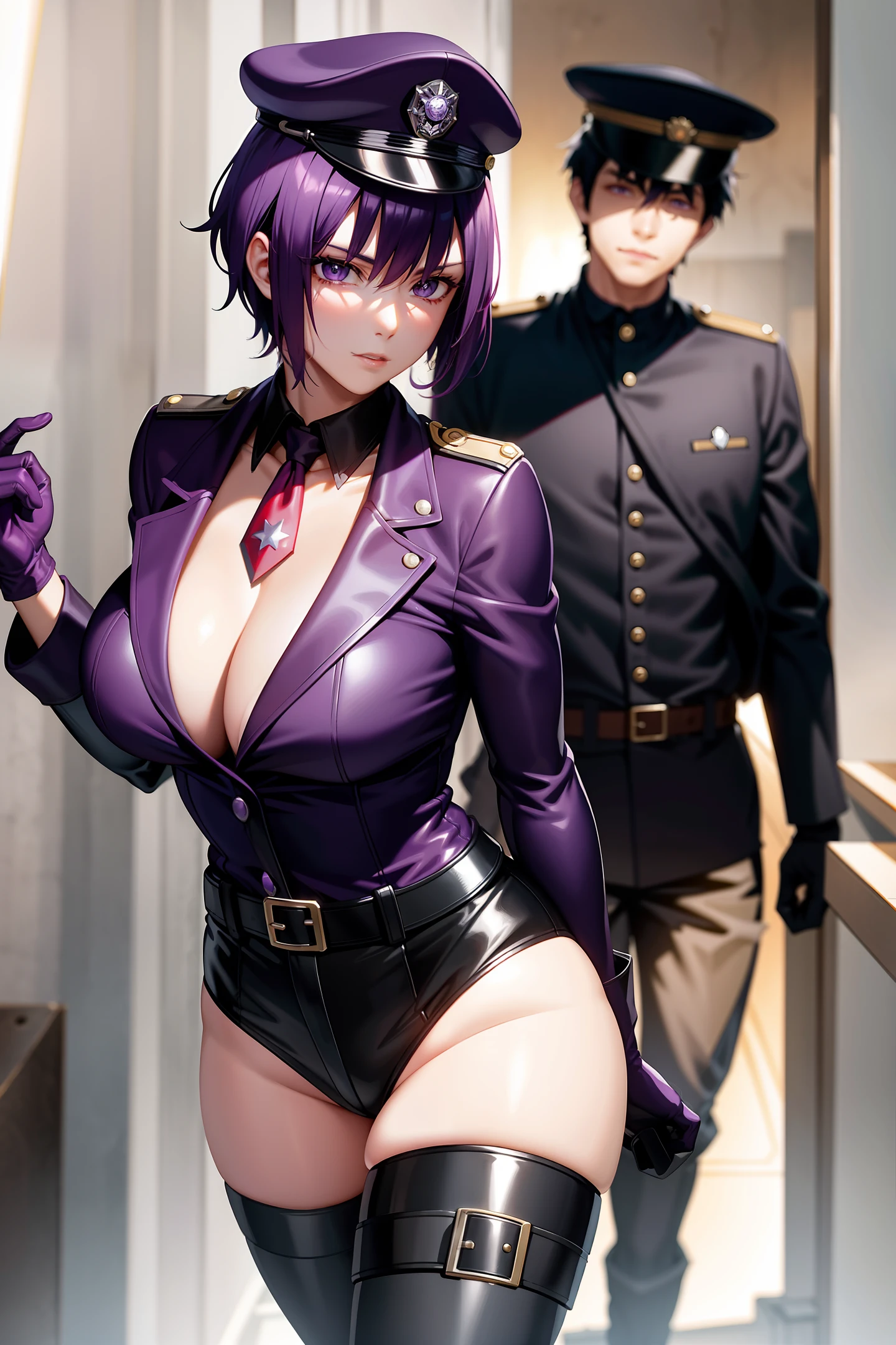 Short purple hair, plump youthful face, black police cap, red tie, purple low-cut jumpsuit, purple leather gloves, black leather boots, strapless thighs, and a confident golden badge on the left chest. Is it the style depicted in the anime? Inside the stone prison.